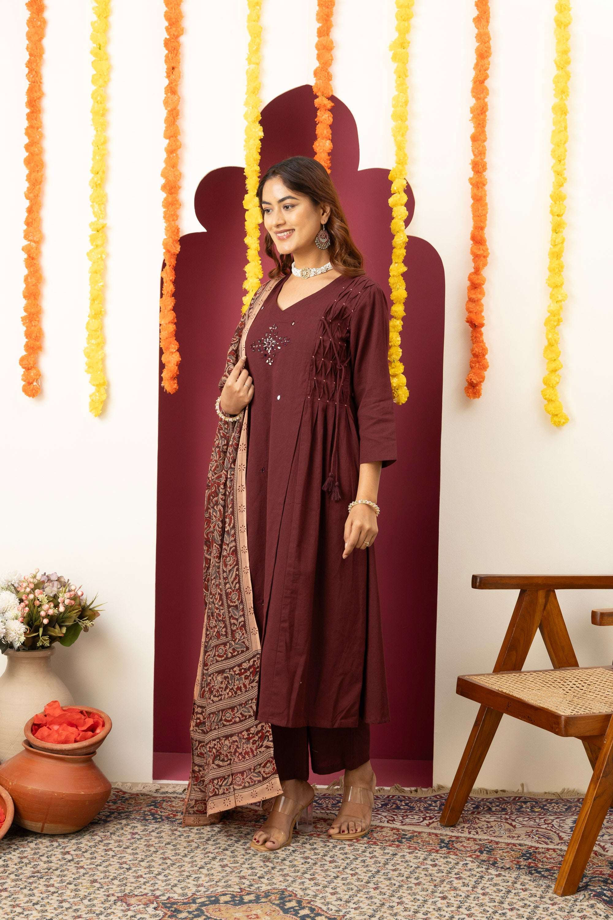 Wine Embroidered Cotton Suit Set
