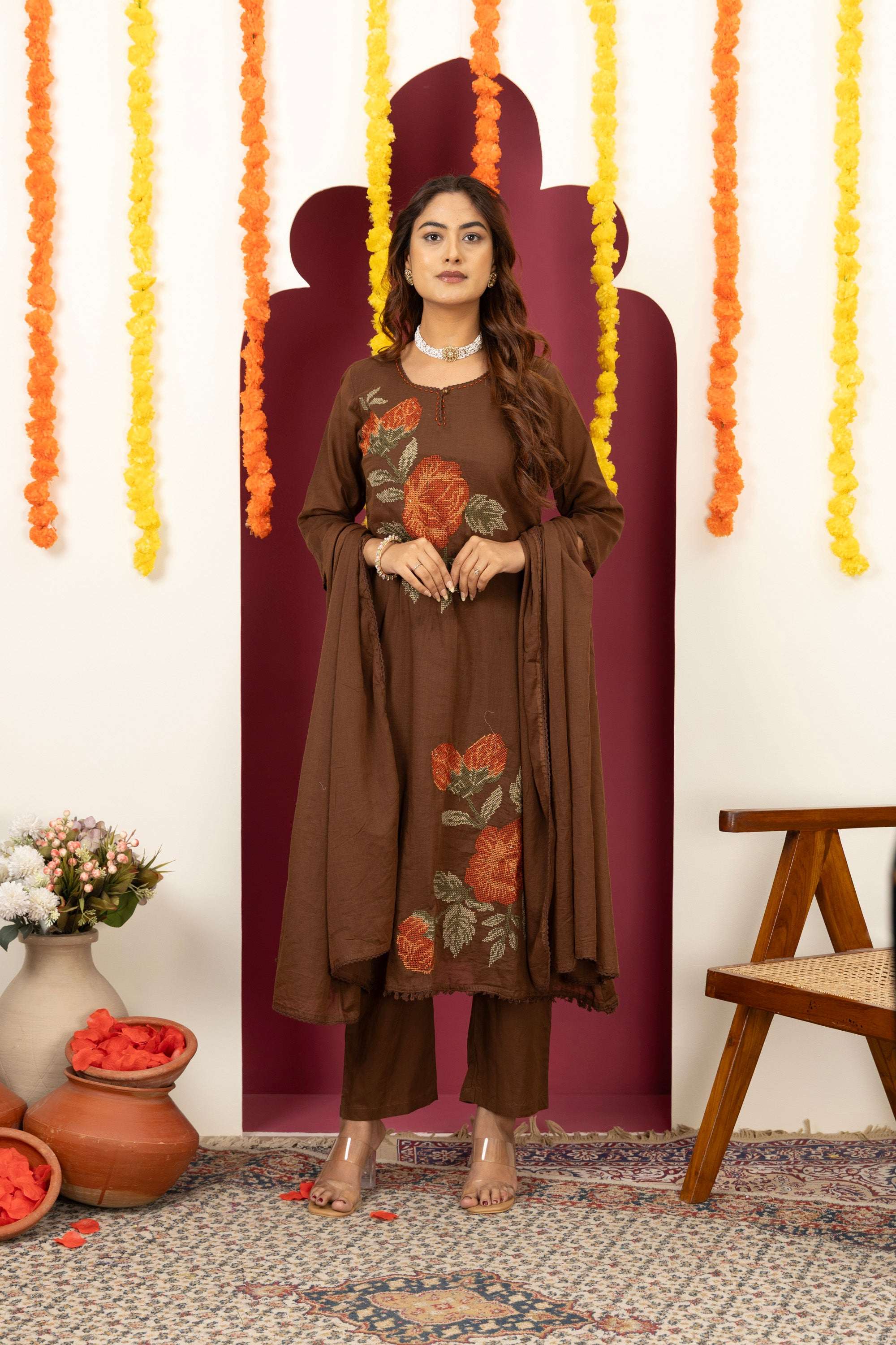 Brown Floral Cotton Suit Set
