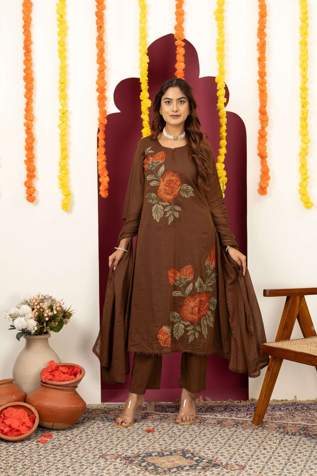 Brown Floral Cotton Suit Set