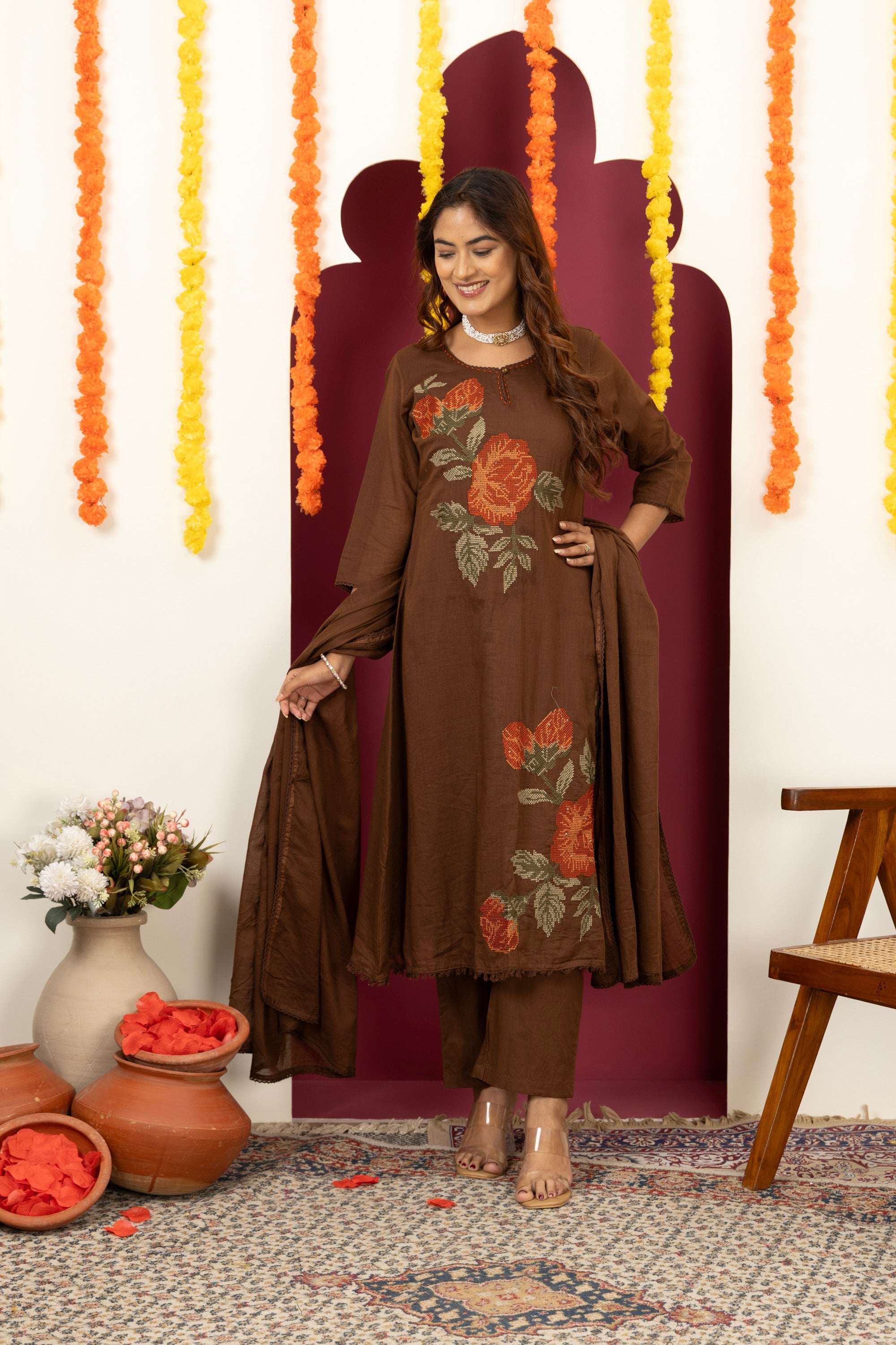 Brown Floral Cotton Suit Set