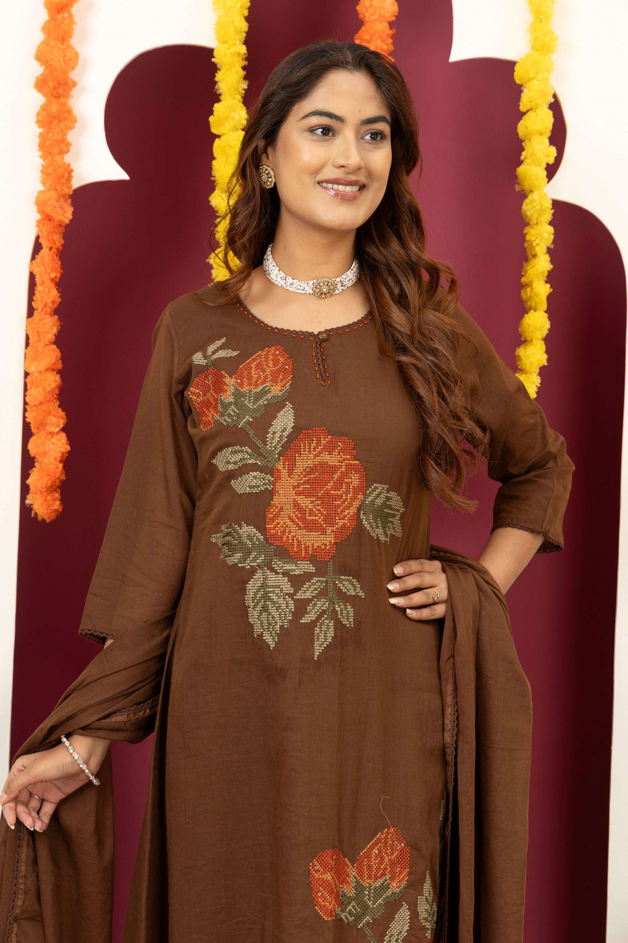Brown Floral Cotton Suit Set