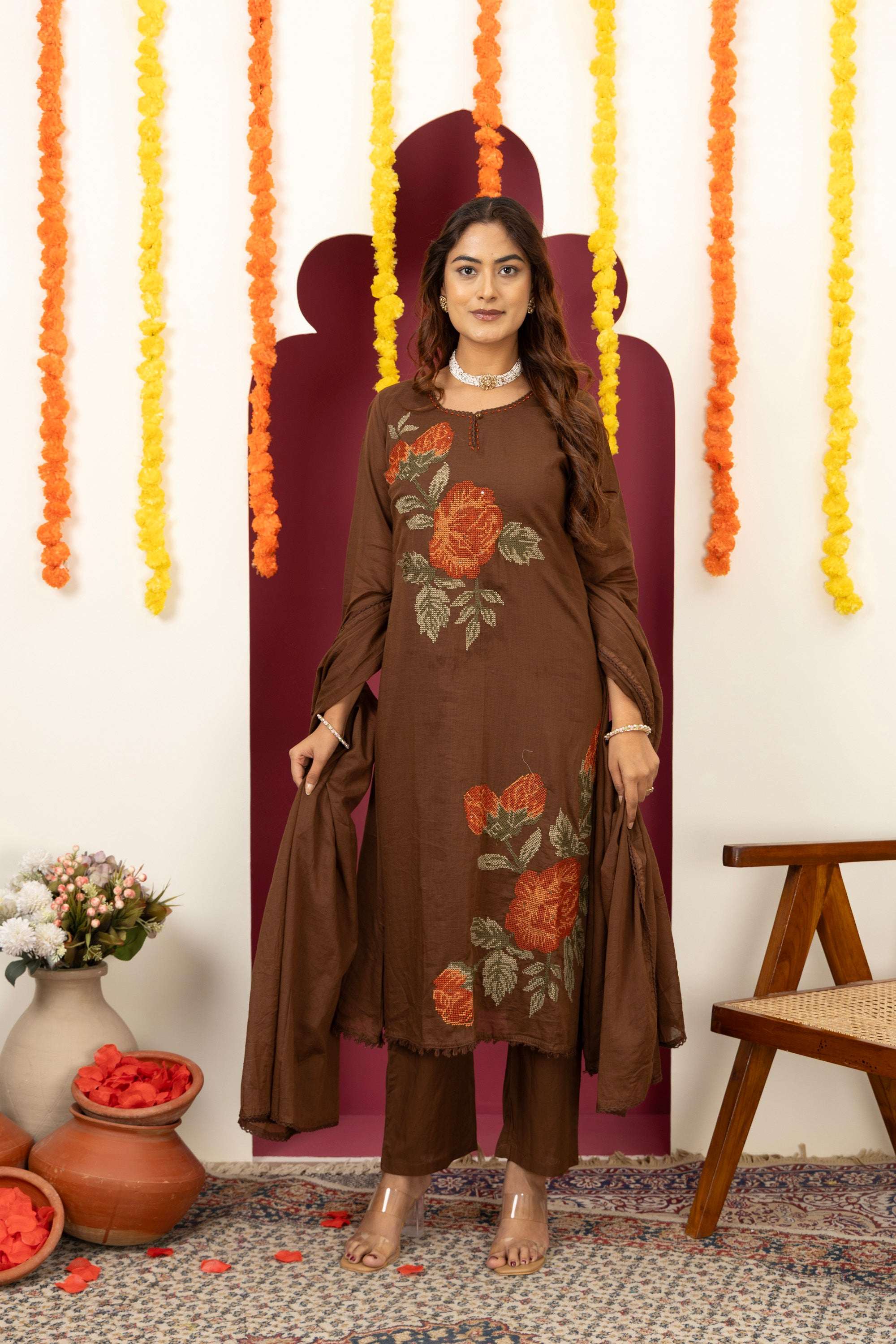 Brown Floral Cotton Suit Set