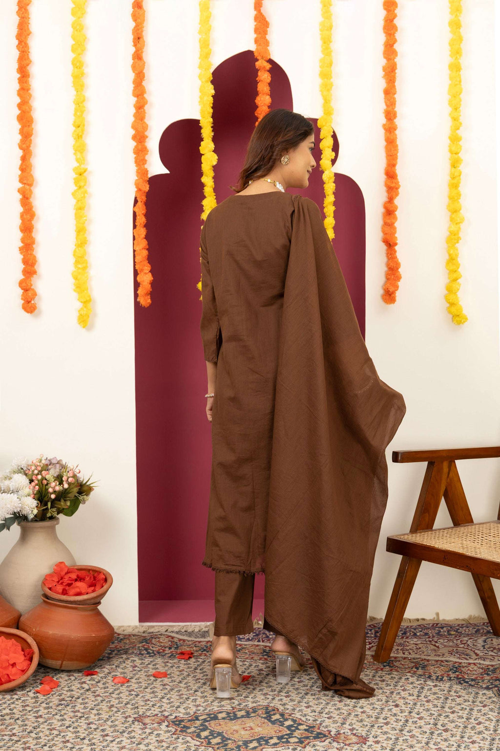 Brown Floral Cotton Suit Set