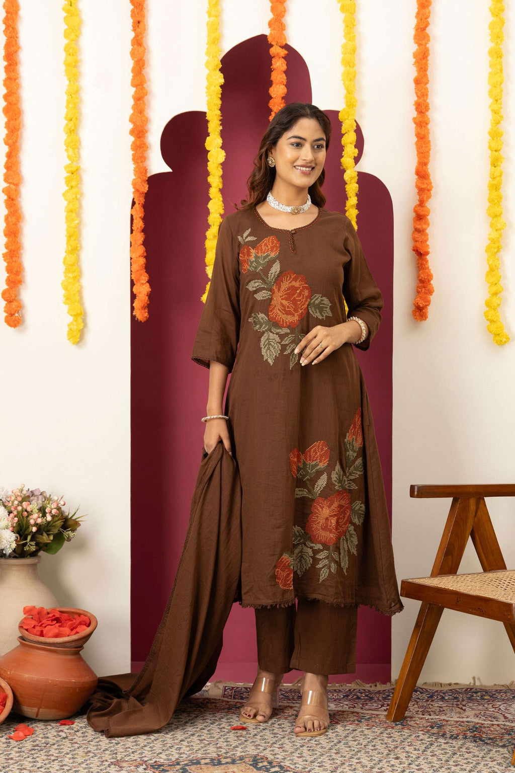 Brown Floral Cotton Suit Set