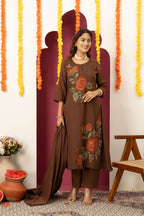 Brown Floral Cotton Suit Set