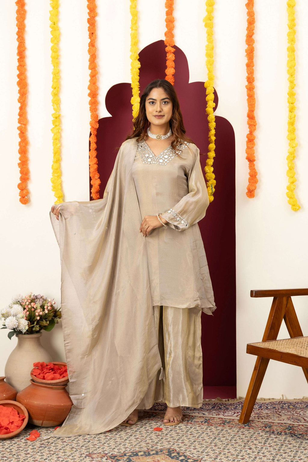 Champagne Mirror Work Suit Set
