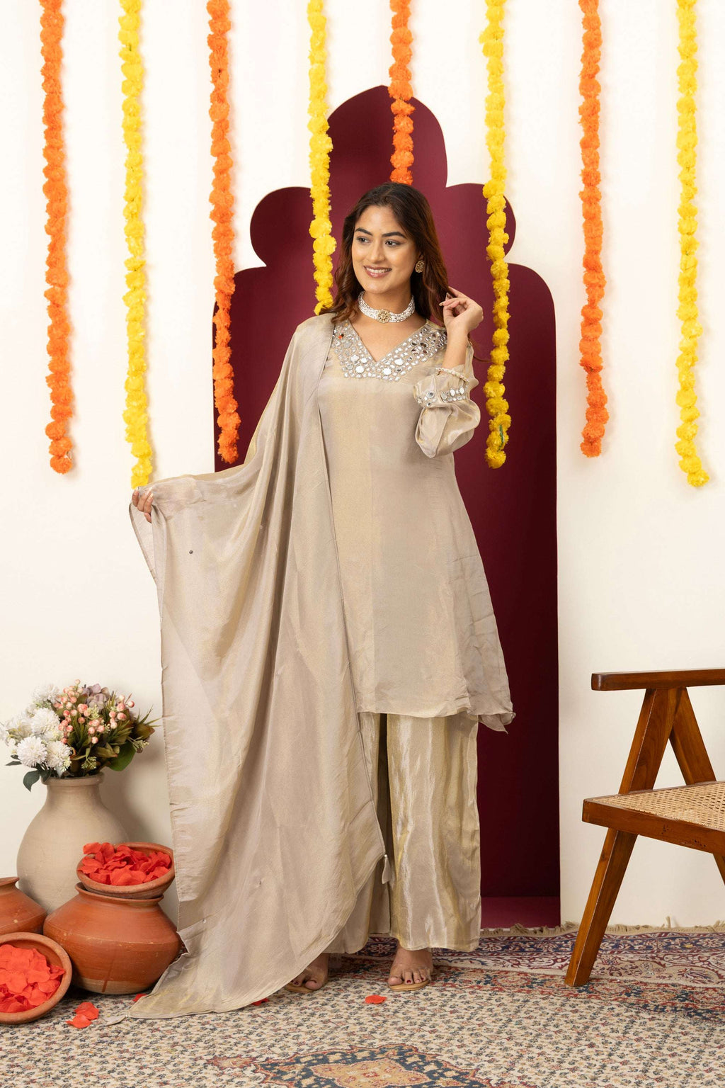 Champagne Mirror Work Suit Set