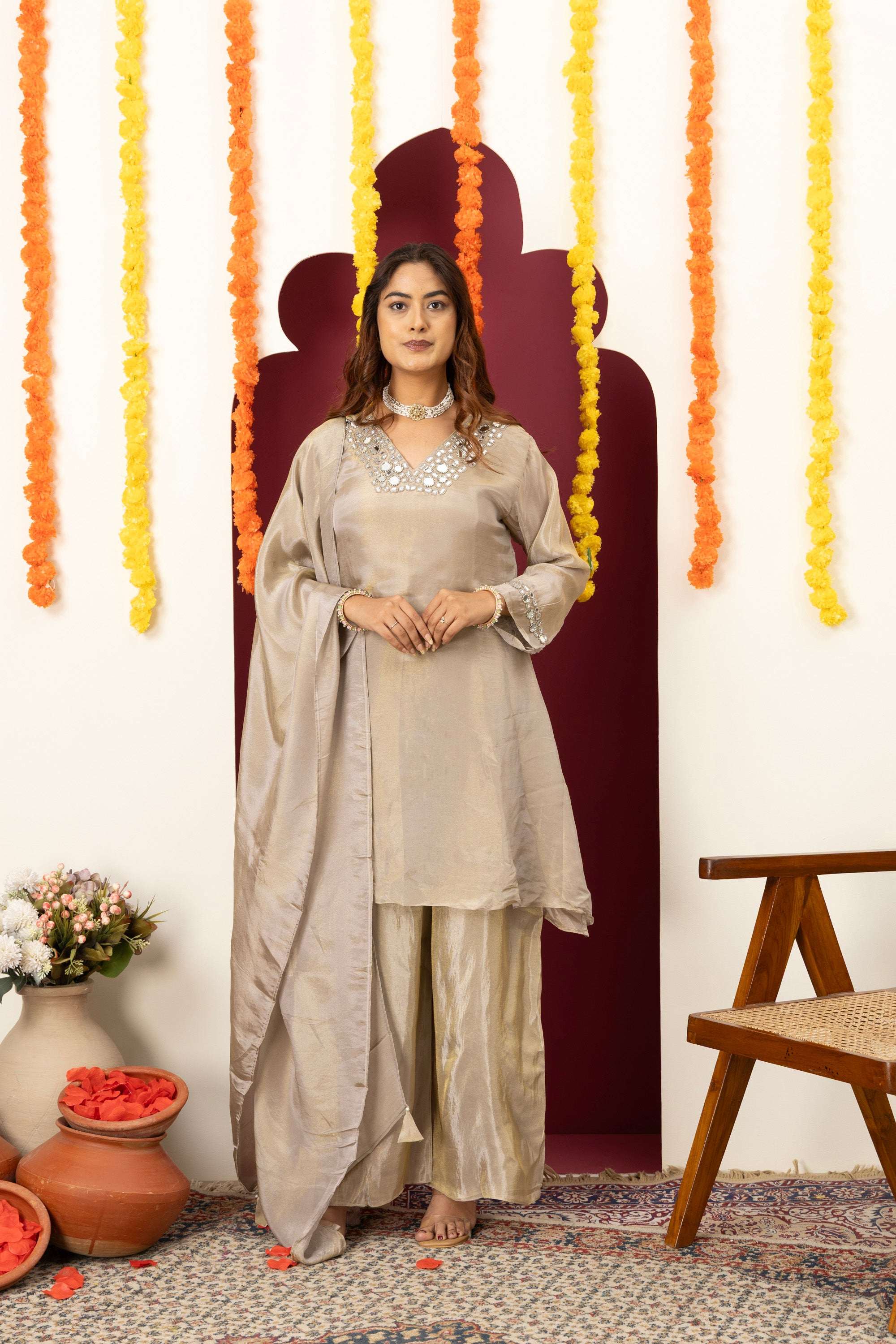 Champagne Mirror Work Suit Set
