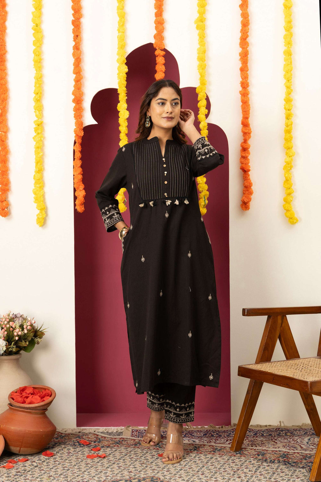 Black Threadwork Suit Set