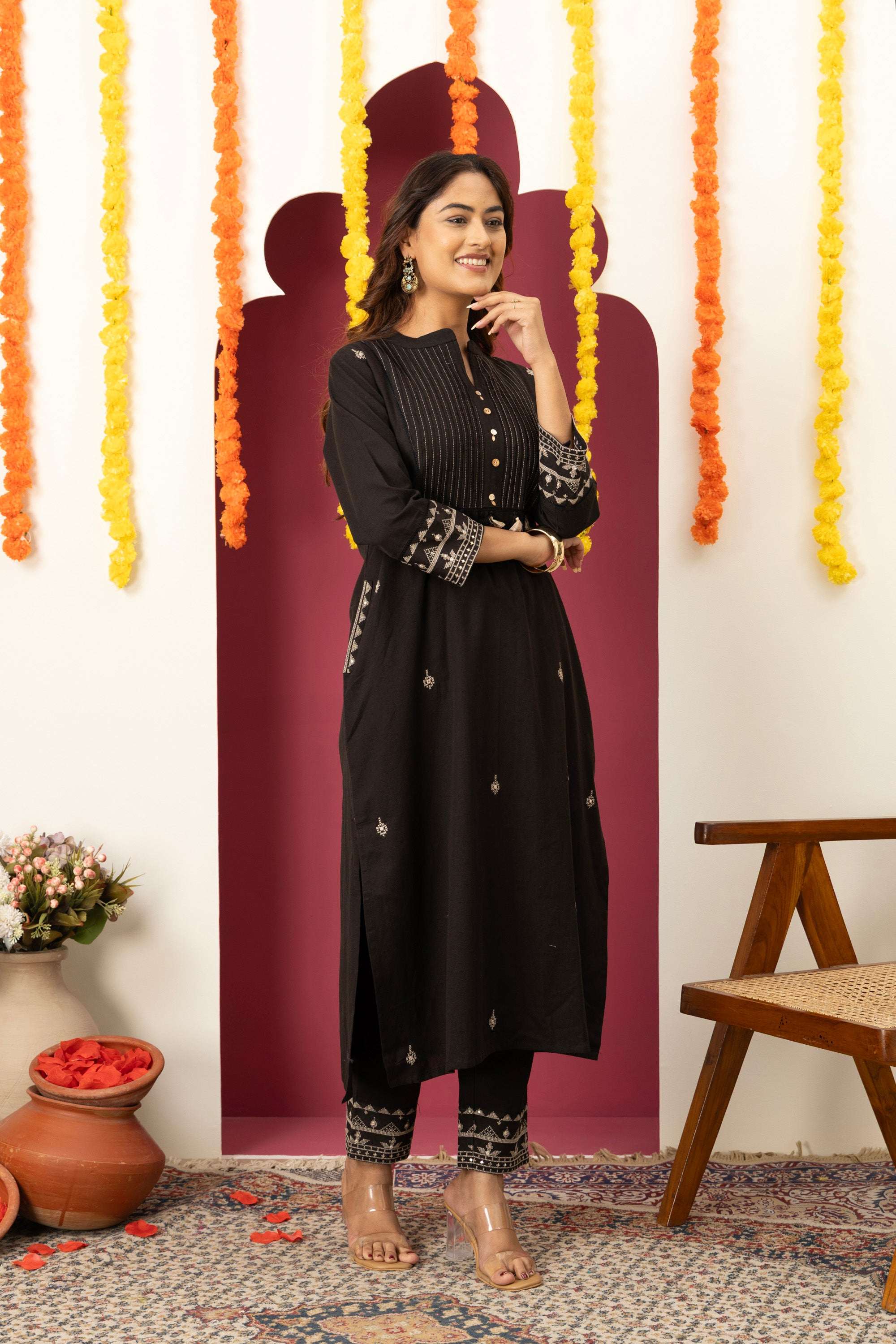 Black Threadwork Suit Set