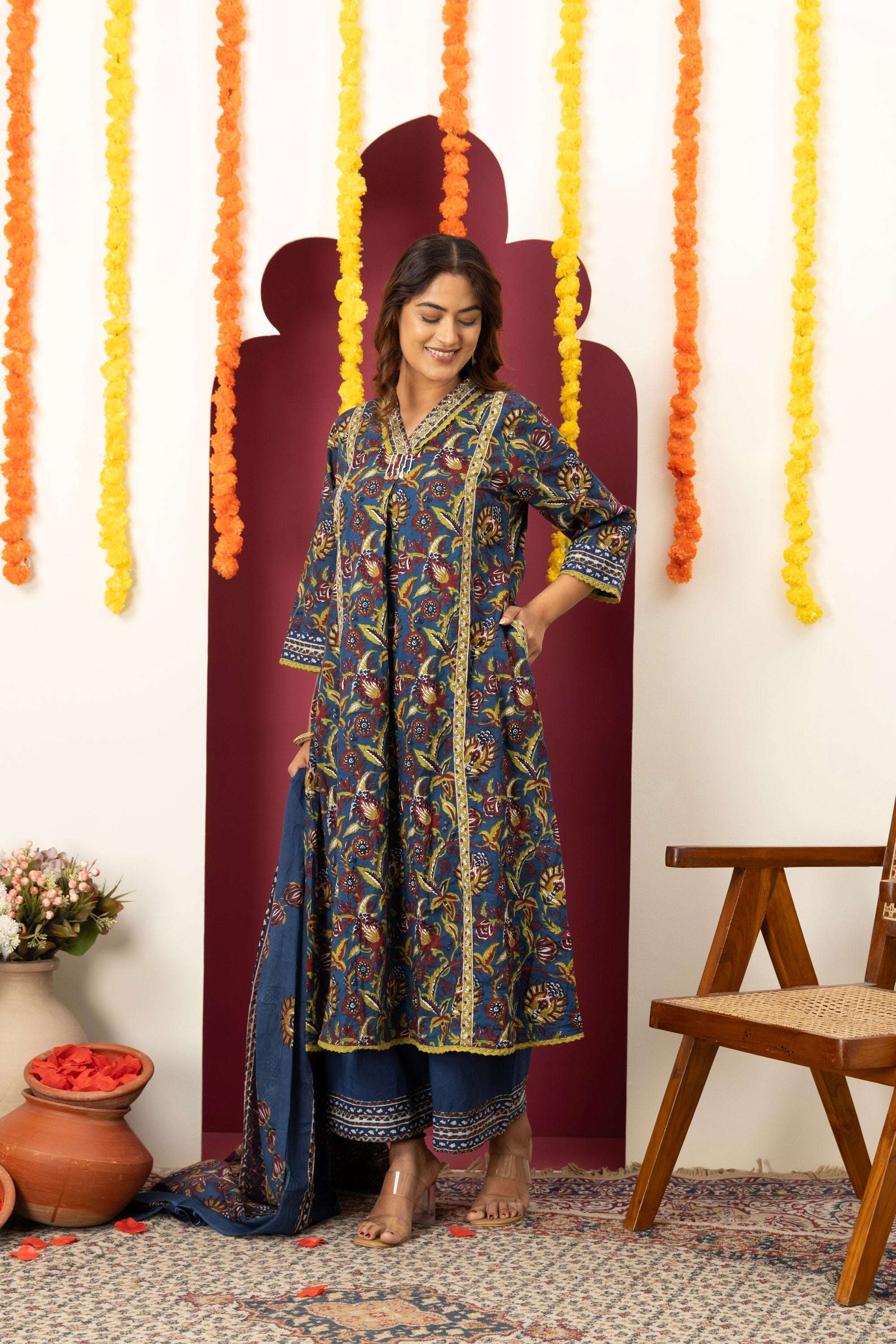 Royal Blue Printed Suit Set