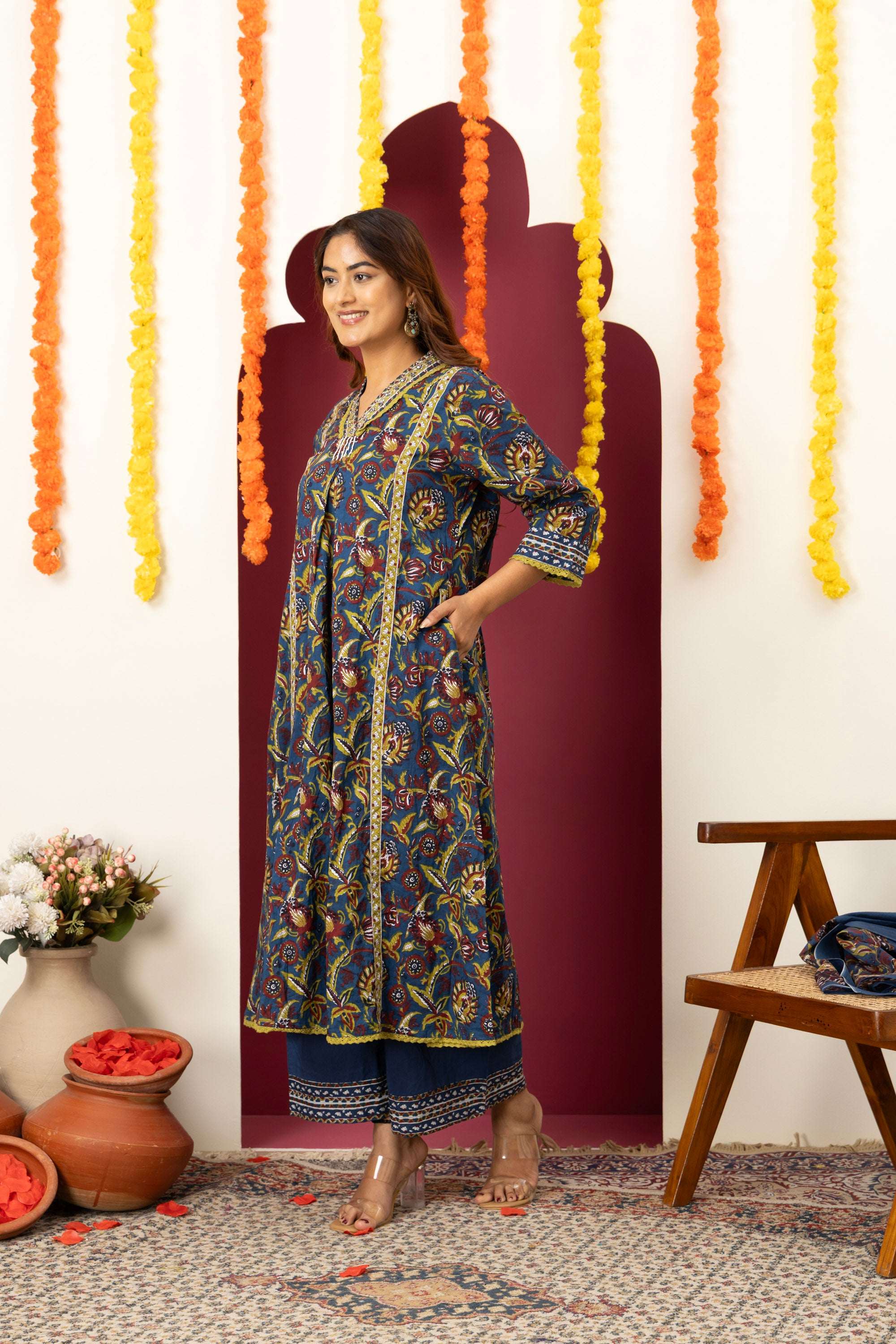 Royal Blue Printed Suit Set