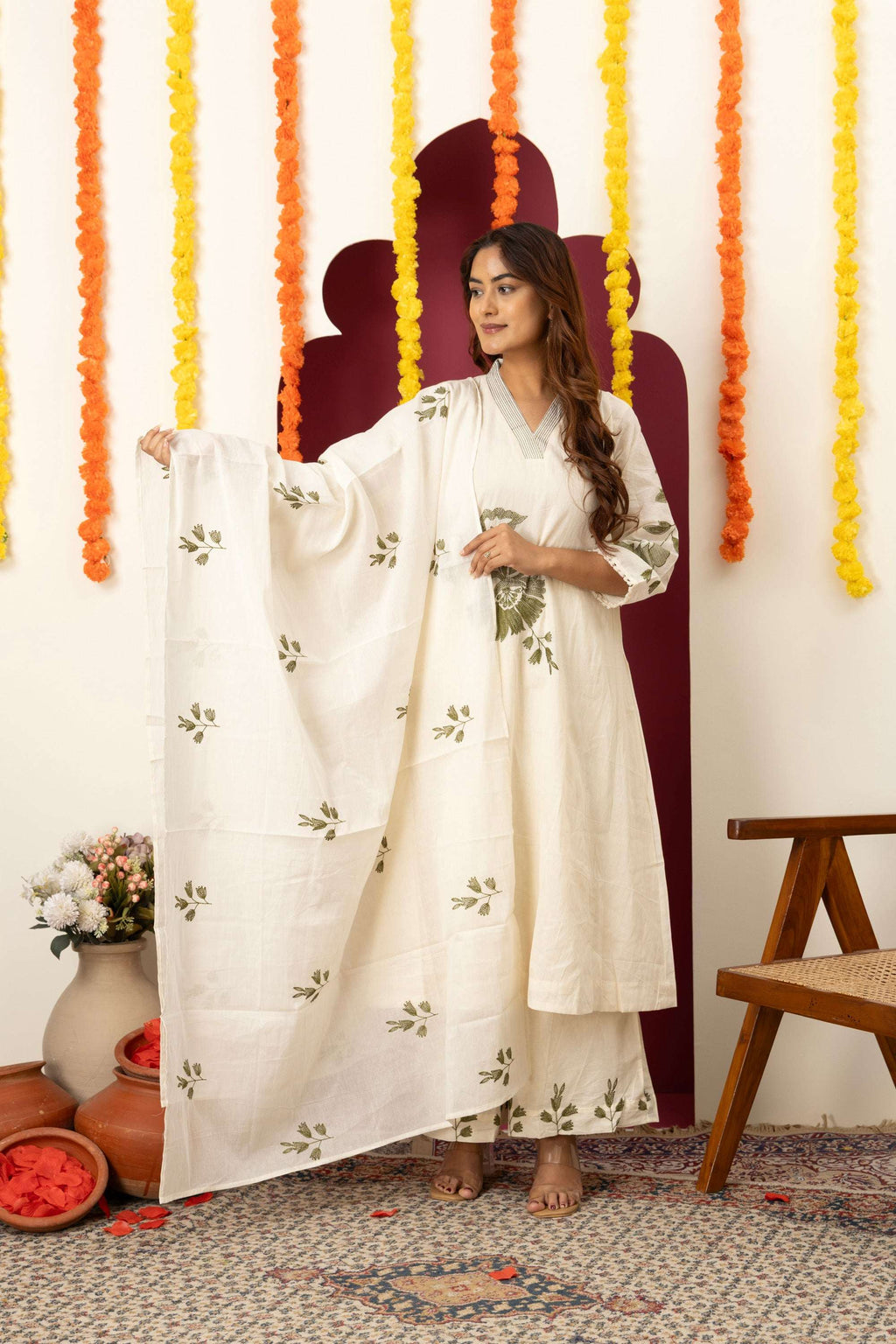 Ivory Floral Embroidered Suit Set