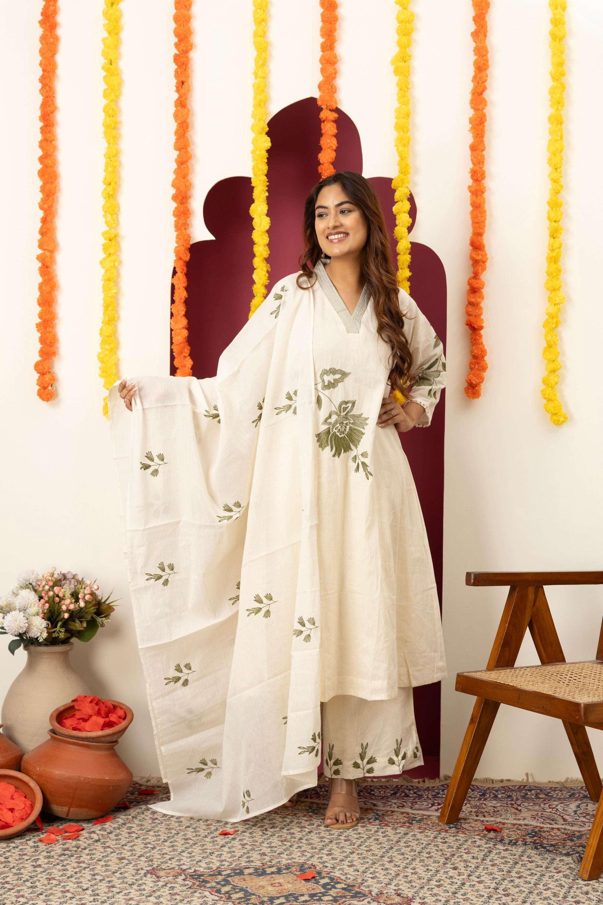 Ivory Floral Embroidered Suit Set