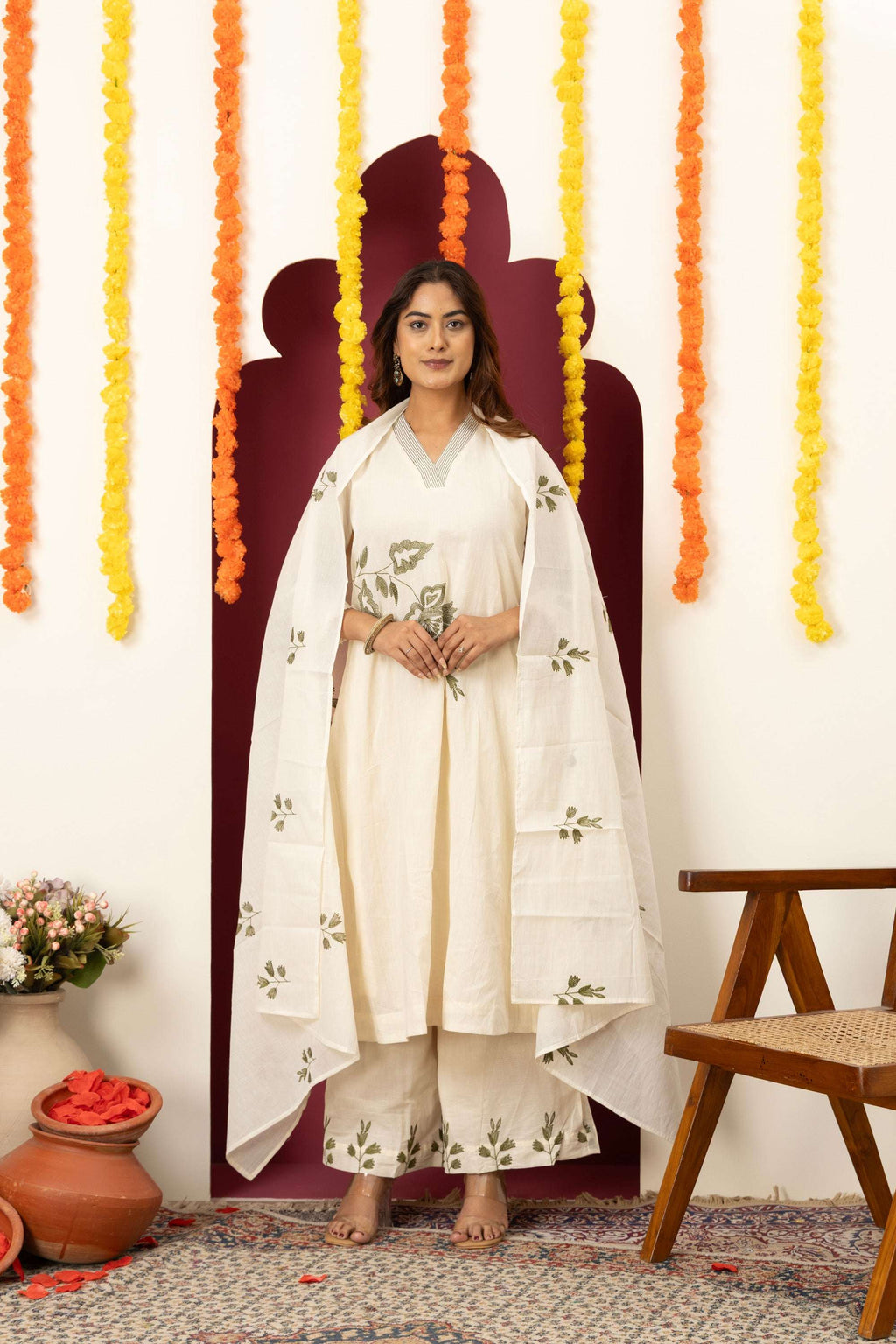 Ivory Floral Embroidered Suit Set