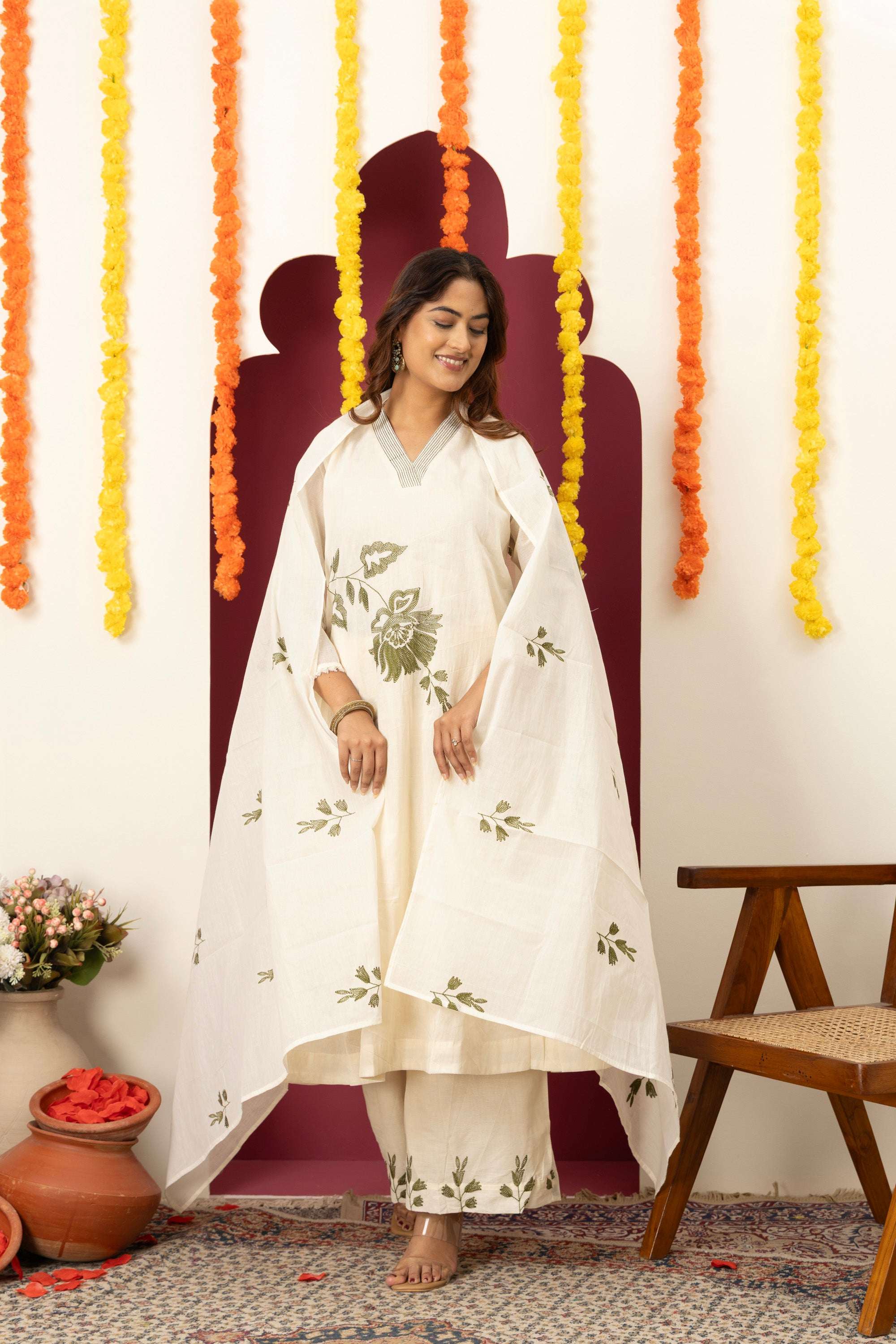 Ivory Floral Embroidered Suit Set