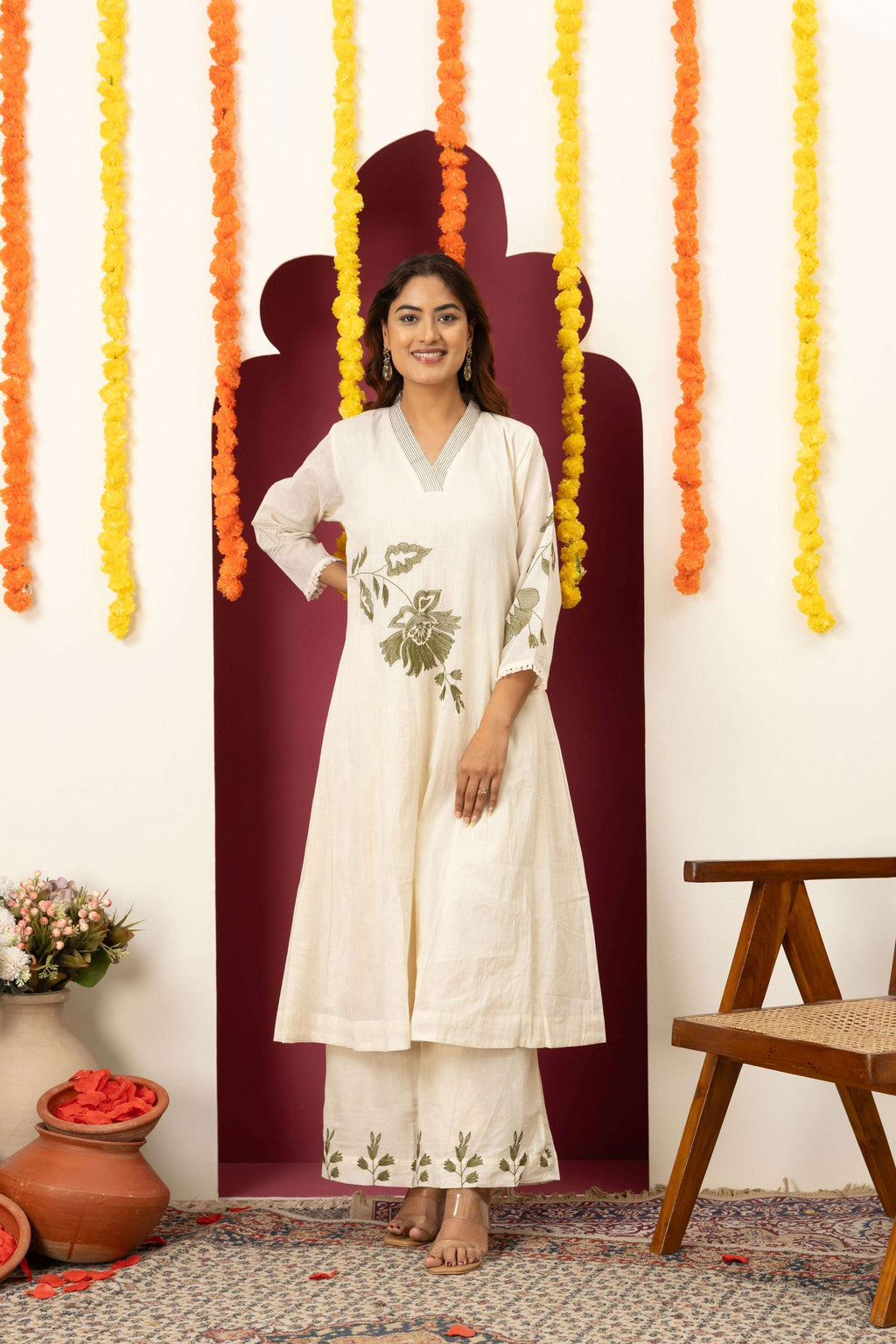 Ivory Floral Embroidered Suit Set