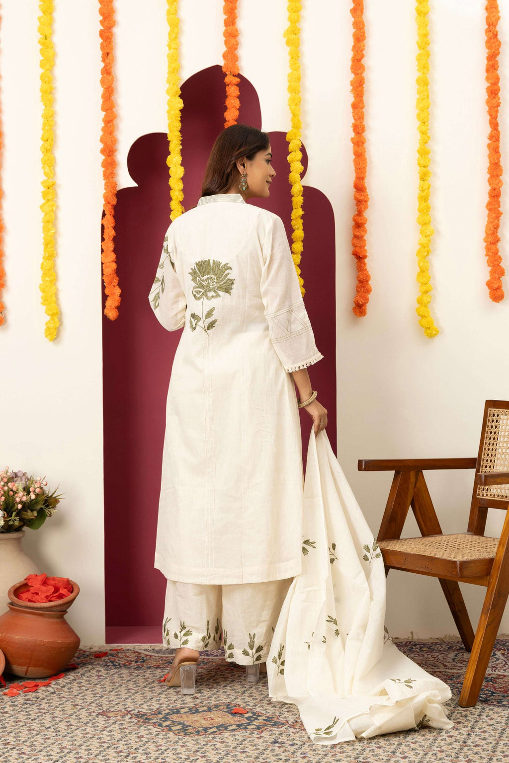 Ivory Floral Embroidered Suit Set