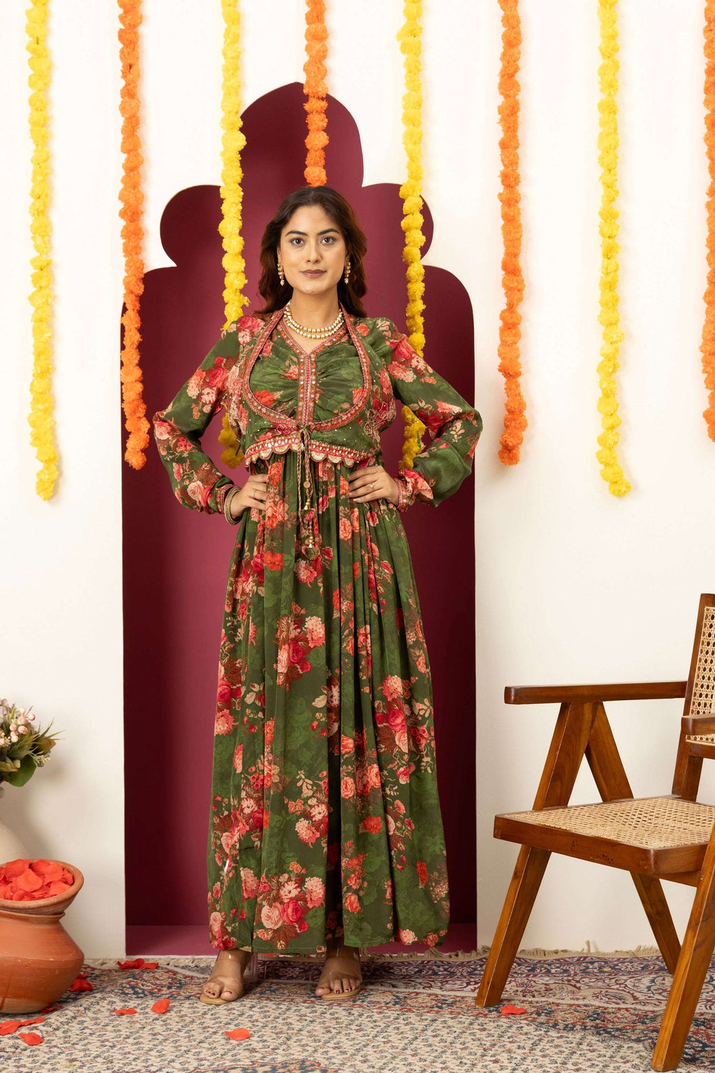 Olive Floral Festive Suit Set