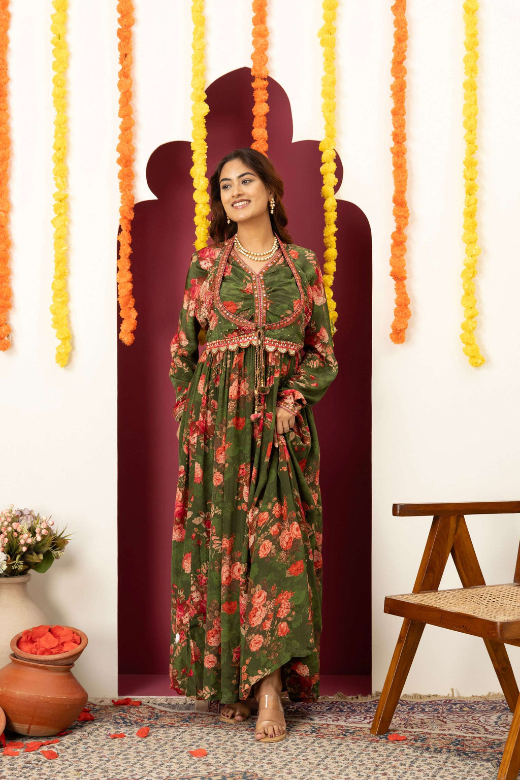 Olive Floral Festive Suit Set