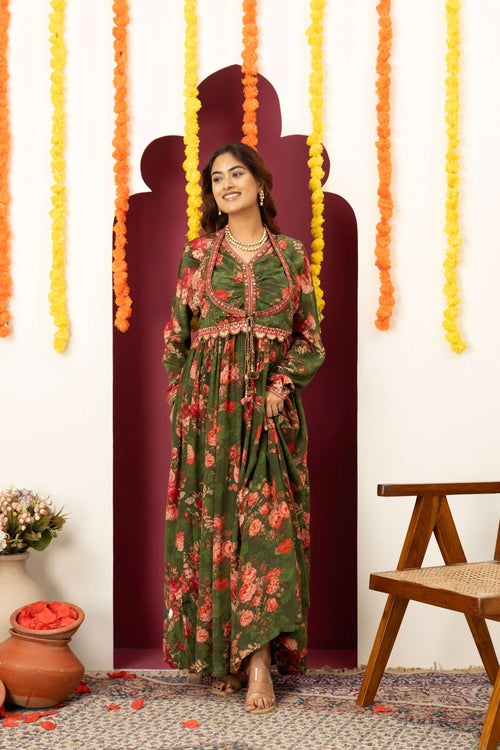 Olive Floral Festive Suit Set