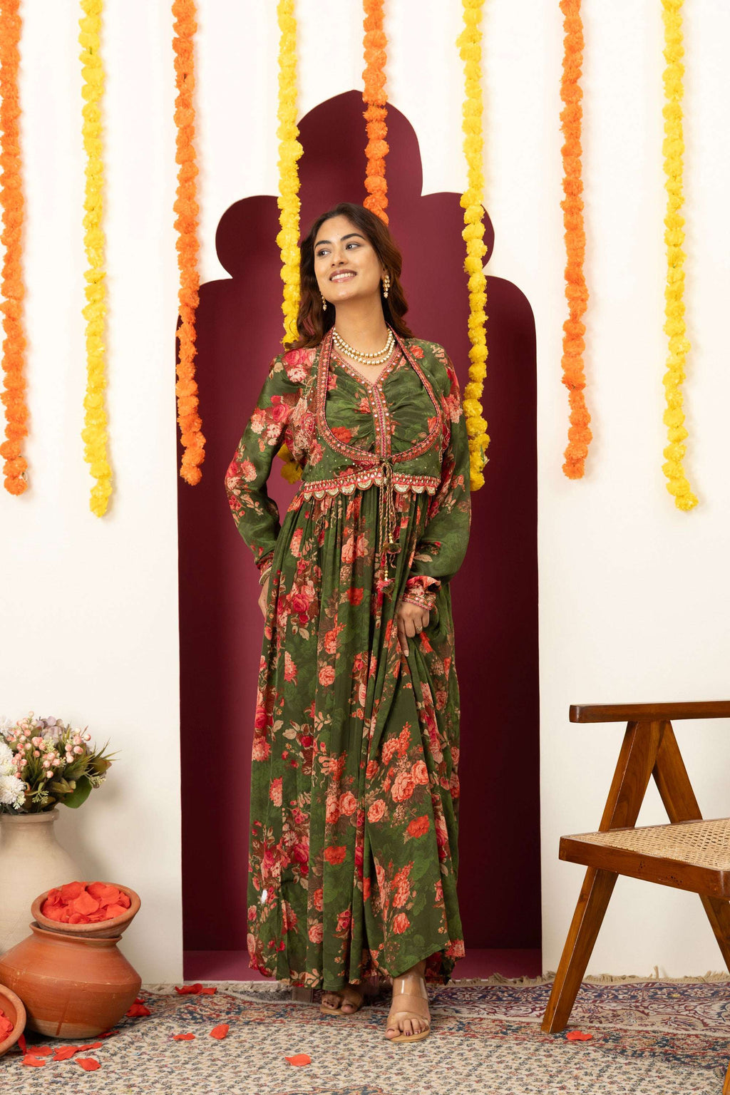 Olive Floral Festive Suit Set