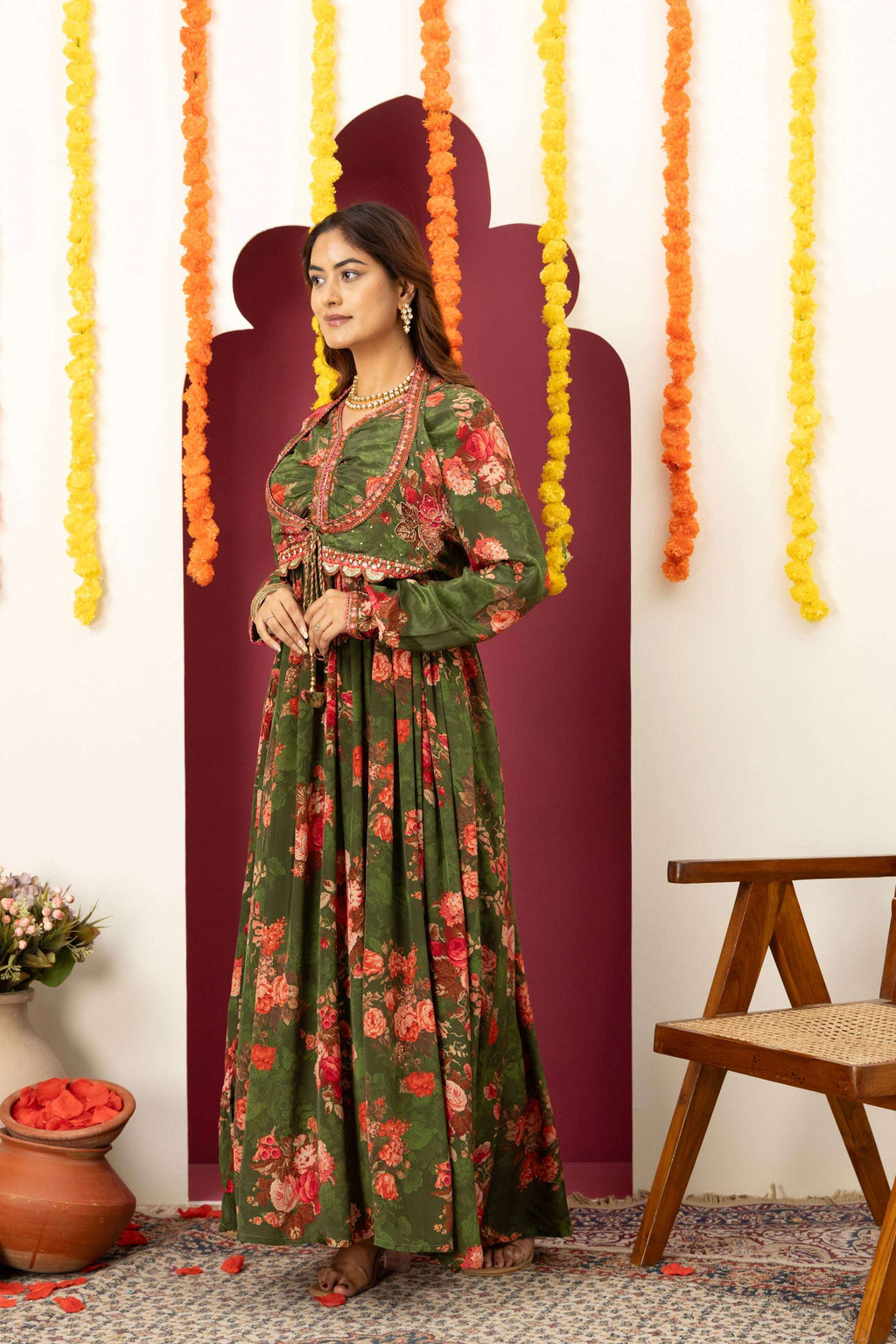 Olive Floral Festive Suit Set