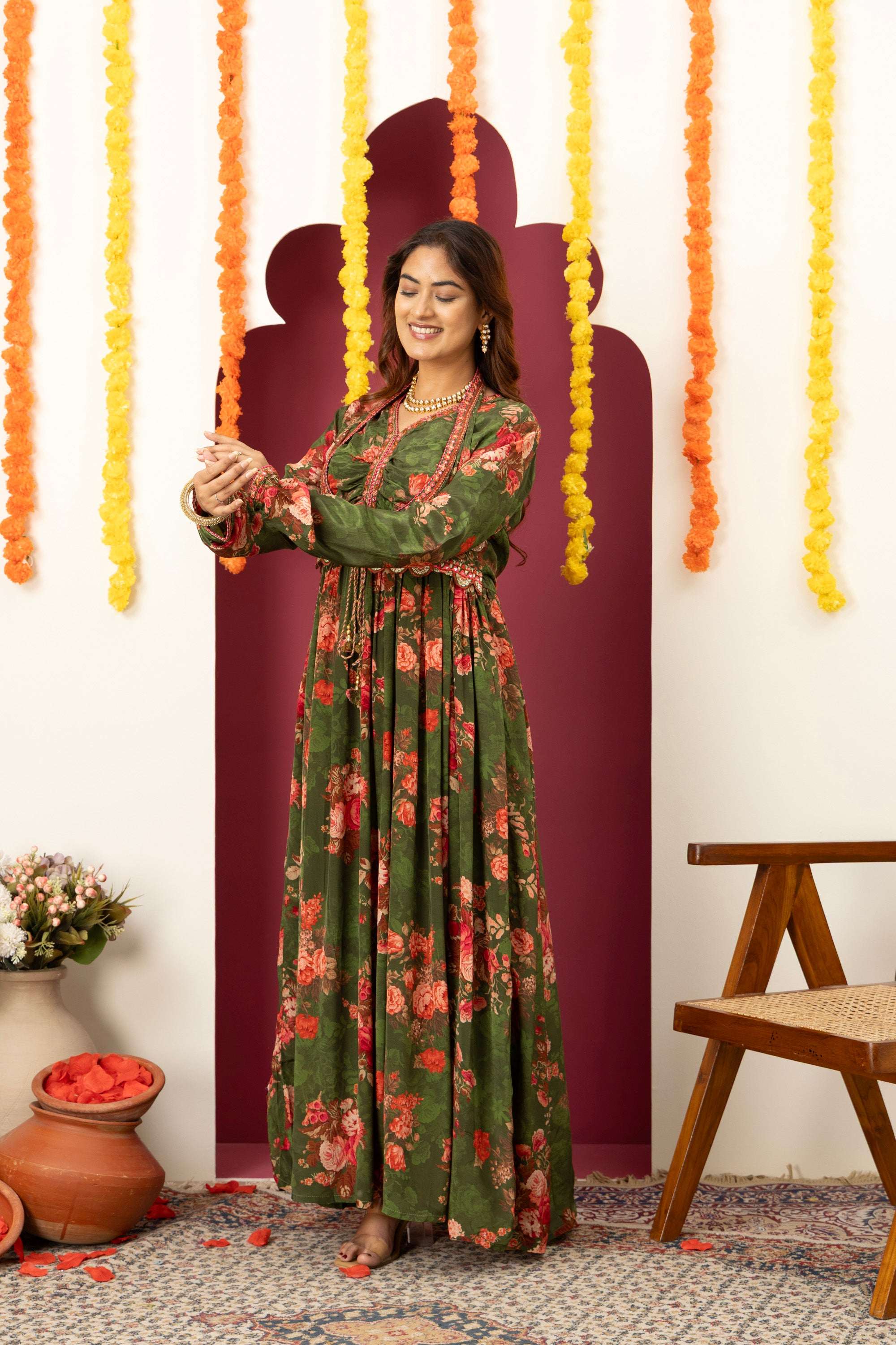 Olive Floral Festive Suit Set