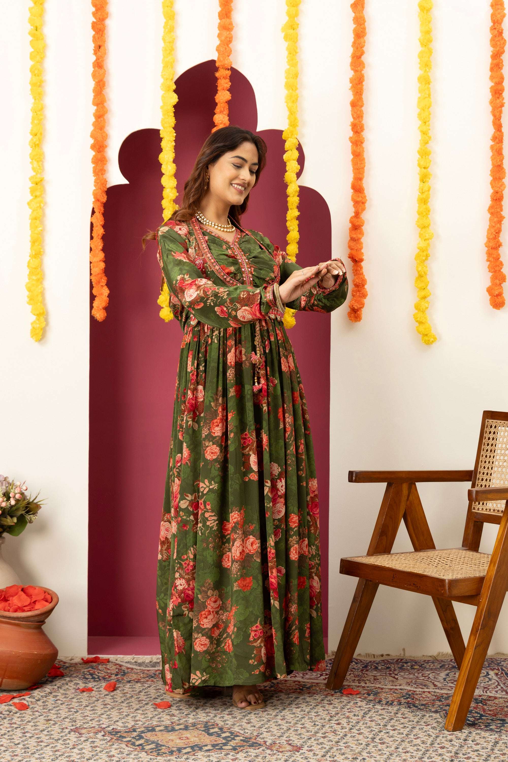 Olive Floral Festive Suit Set