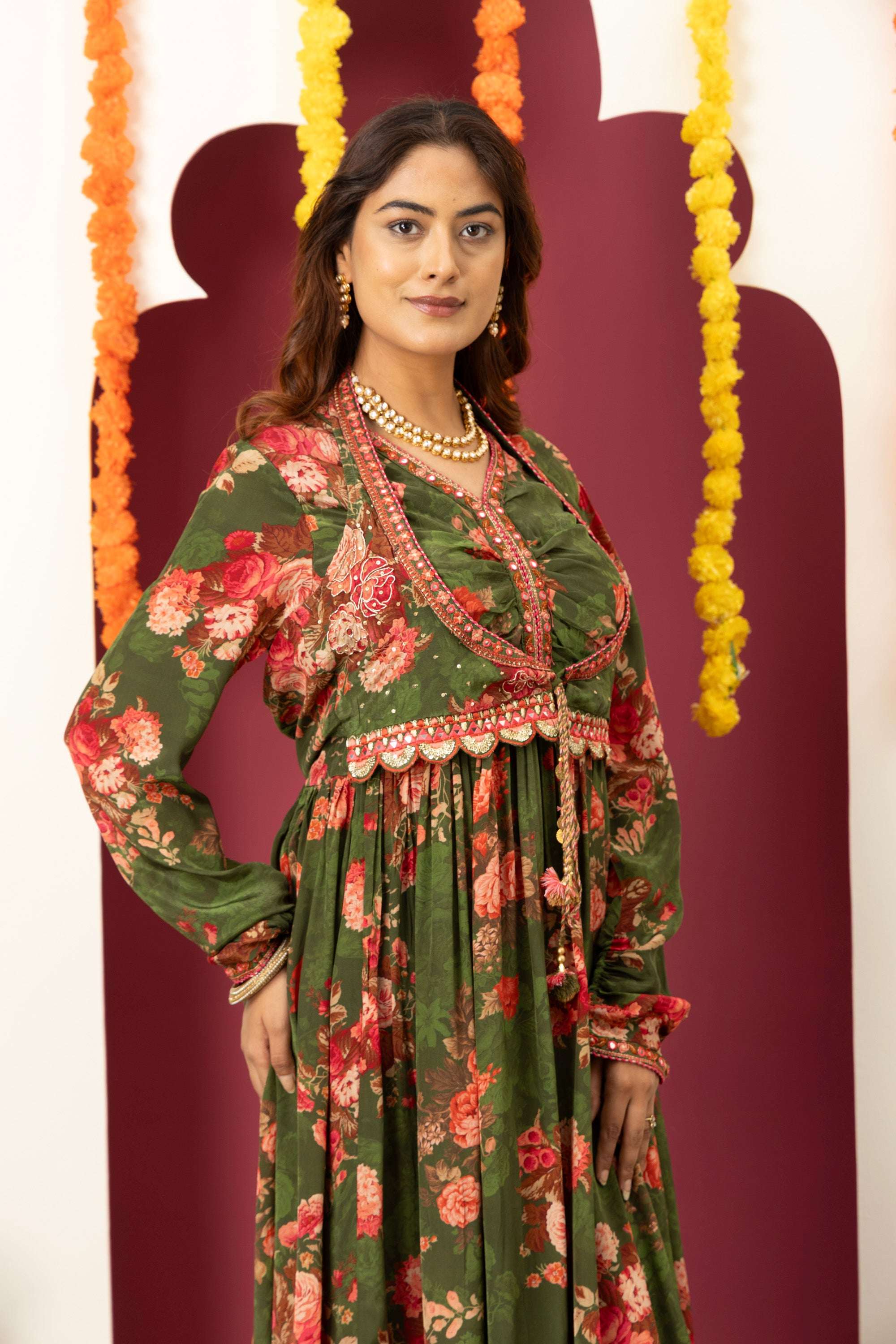 Olive Floral Festive Suit Set