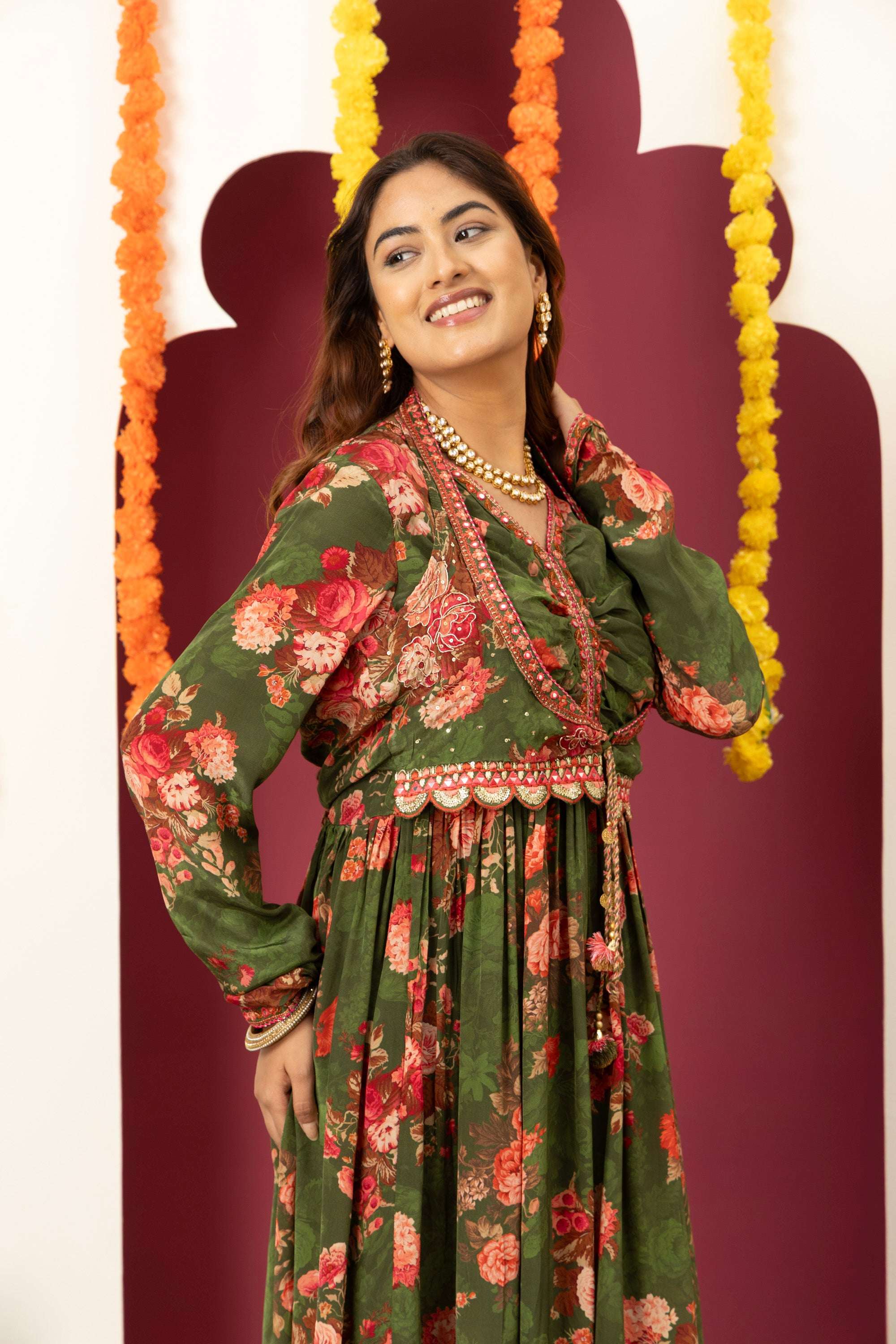 Olive Floral Festive Suit Set