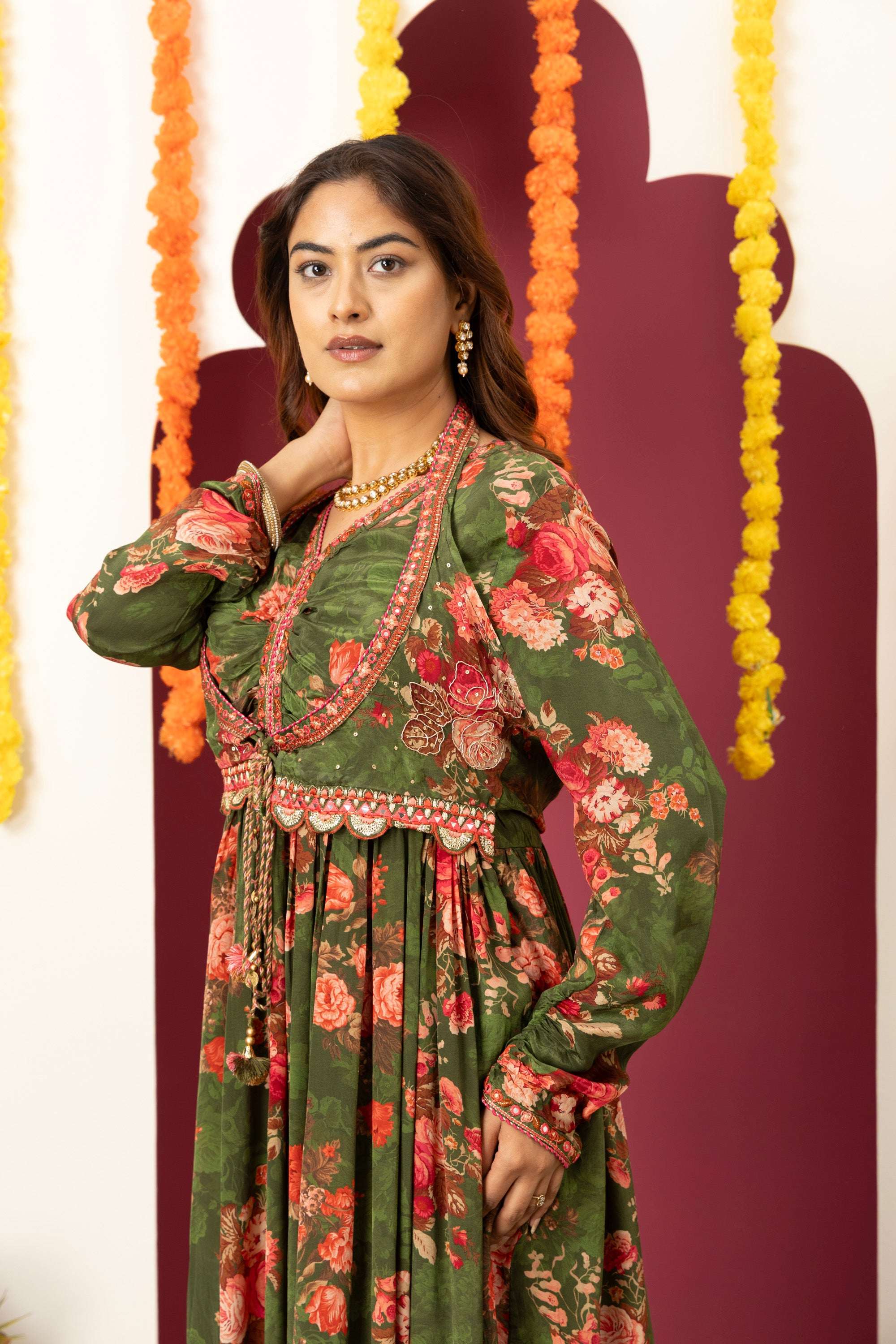 Olive Floral Festive Suit Set