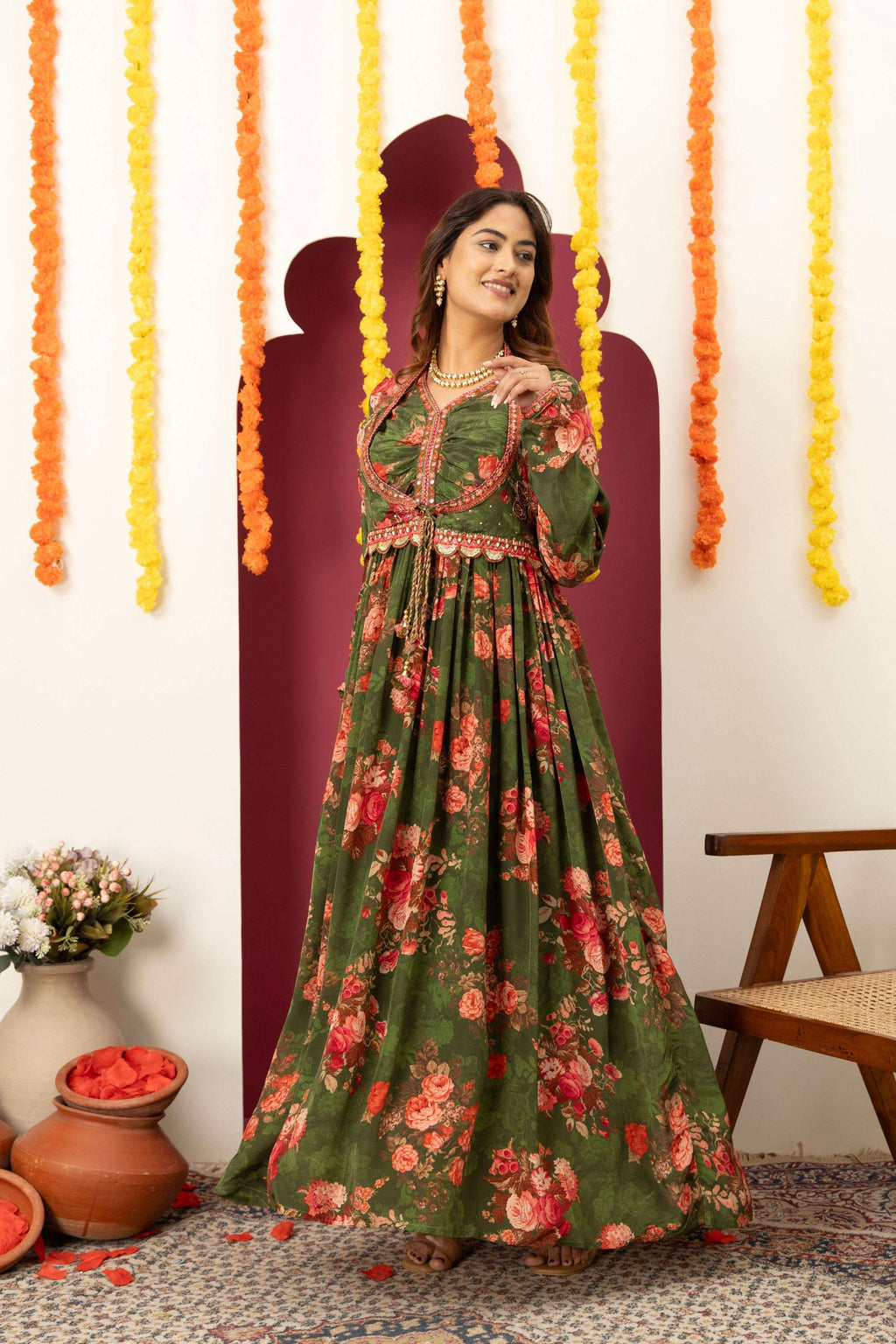 Olive Floral Festive Suit Set