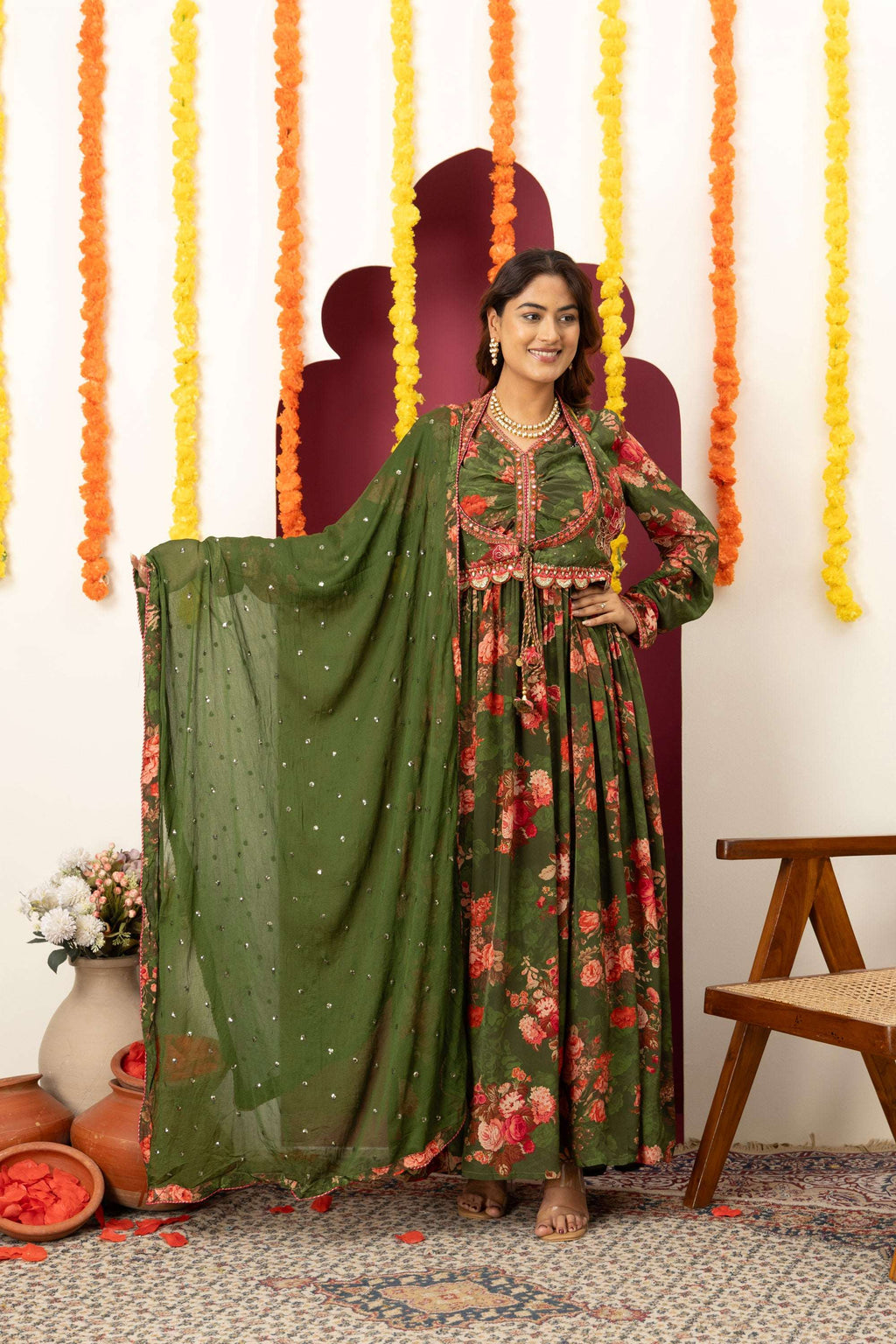 Olive Floral Festive Suit Set