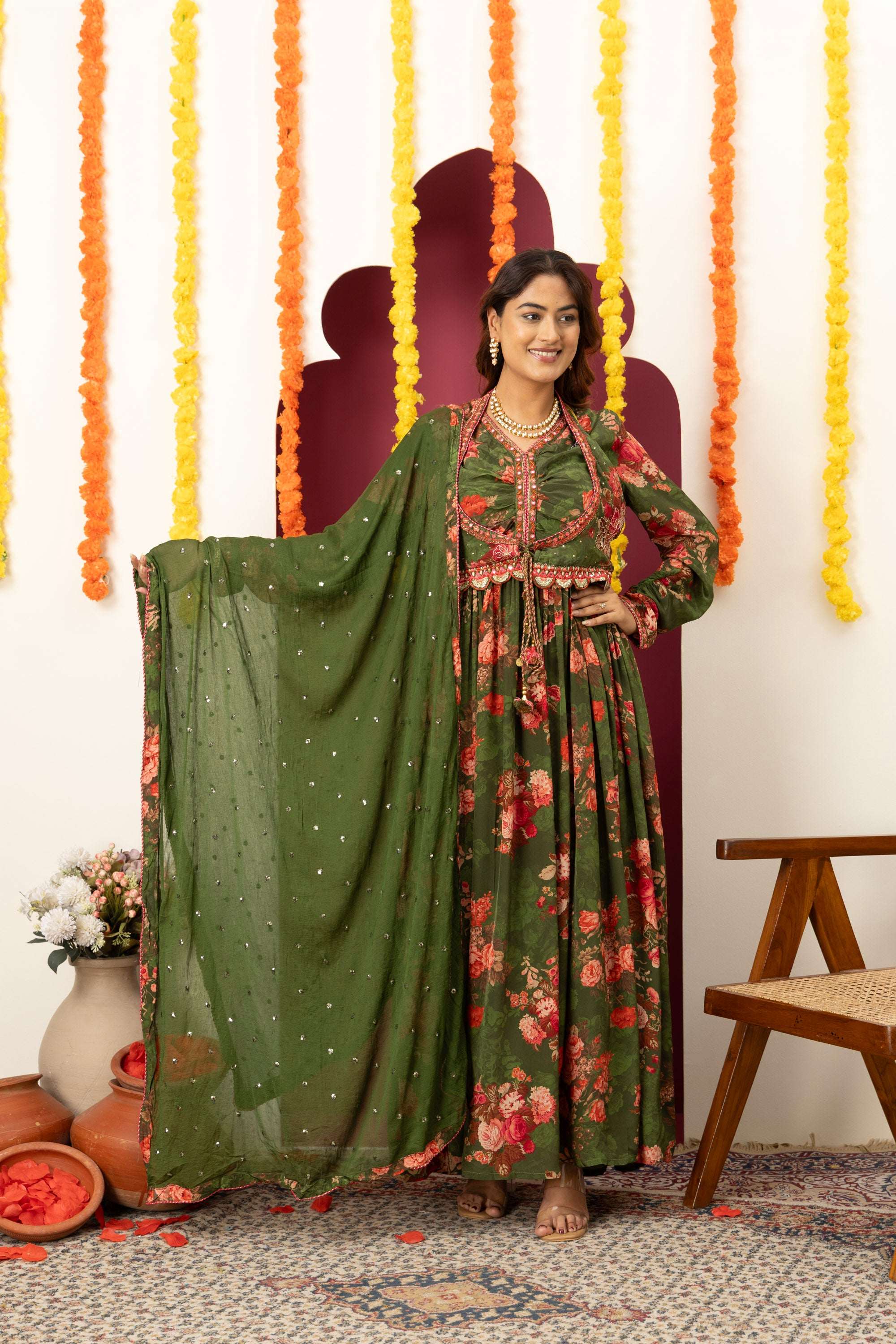 Olive Floral Festive Suit Set