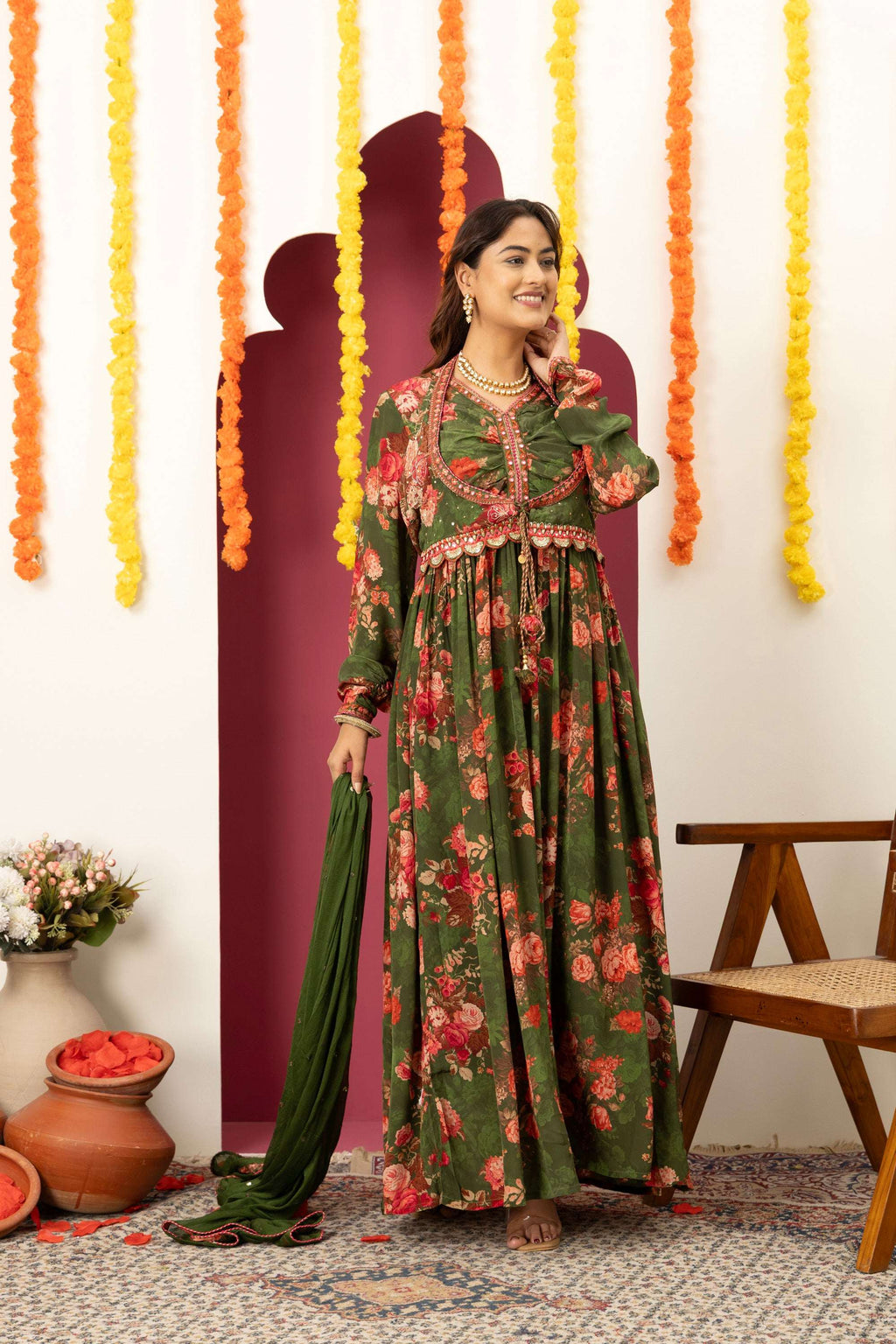 Olive Floral Festive Suit Set