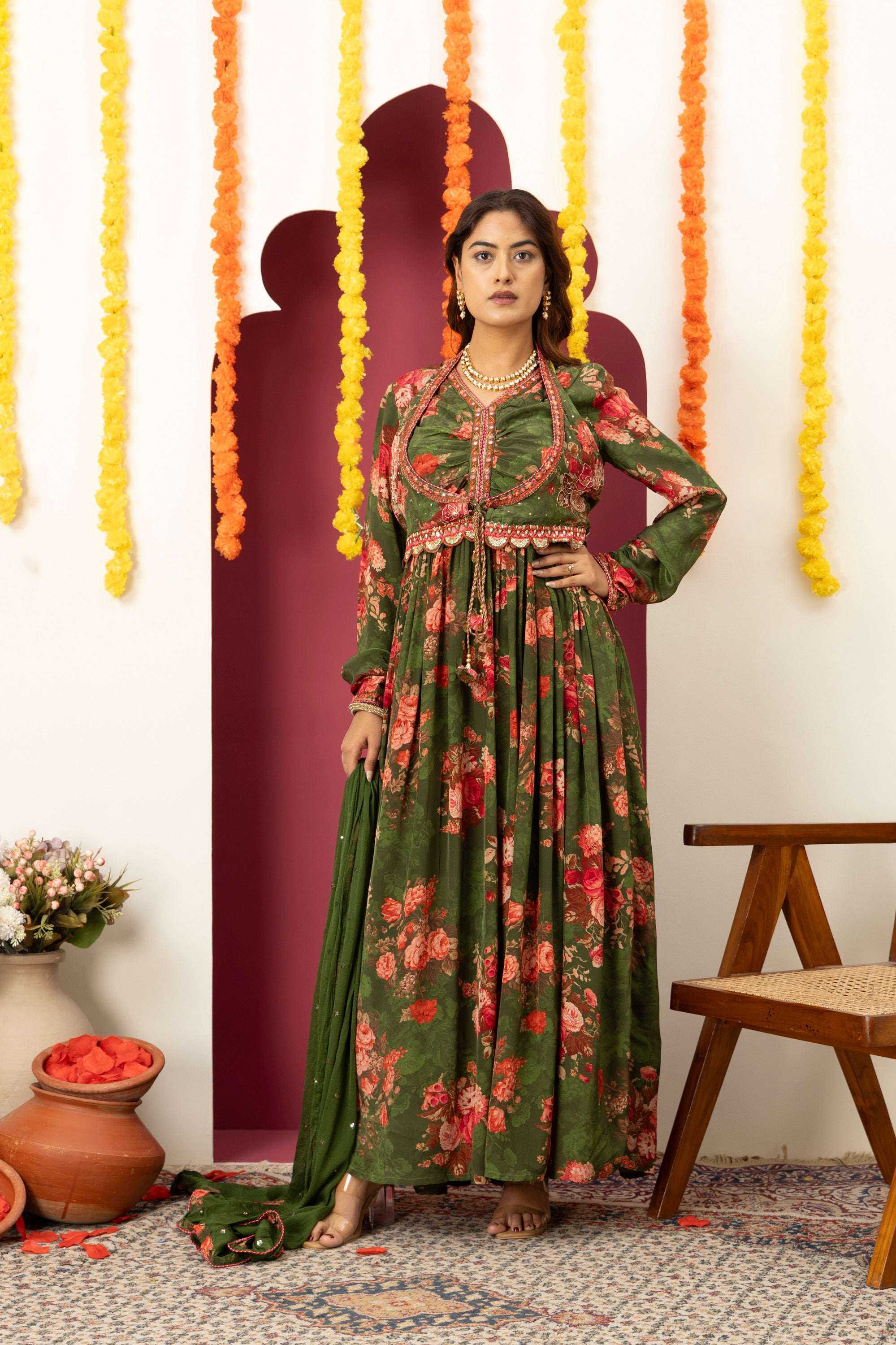 Olive Floral Festive Suit Set