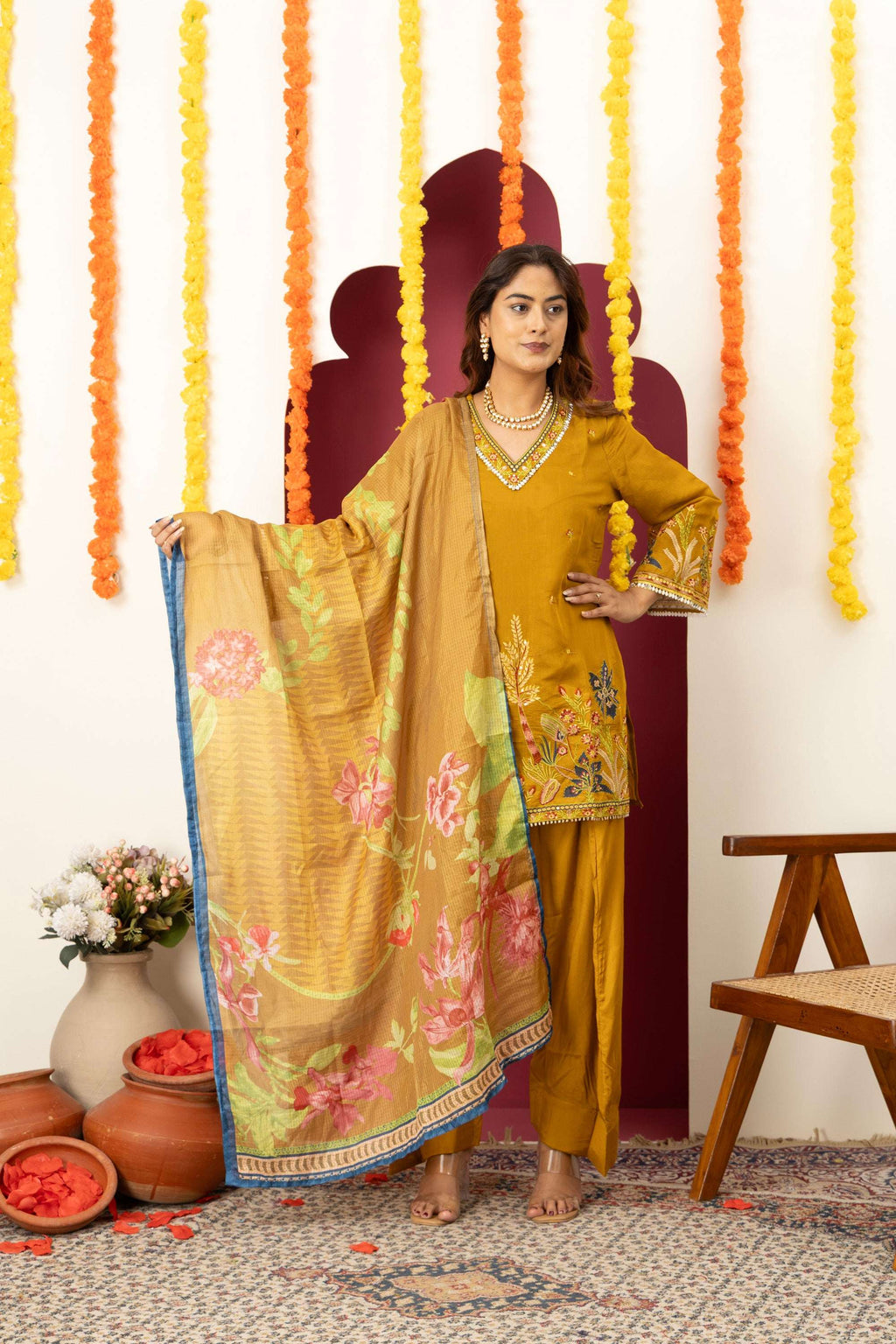 Mustard Floral Embroidered Suit Set