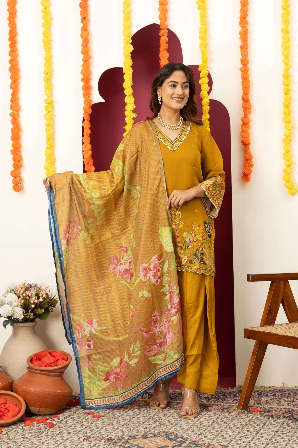 Mustard Floral Embroidered Suit Set