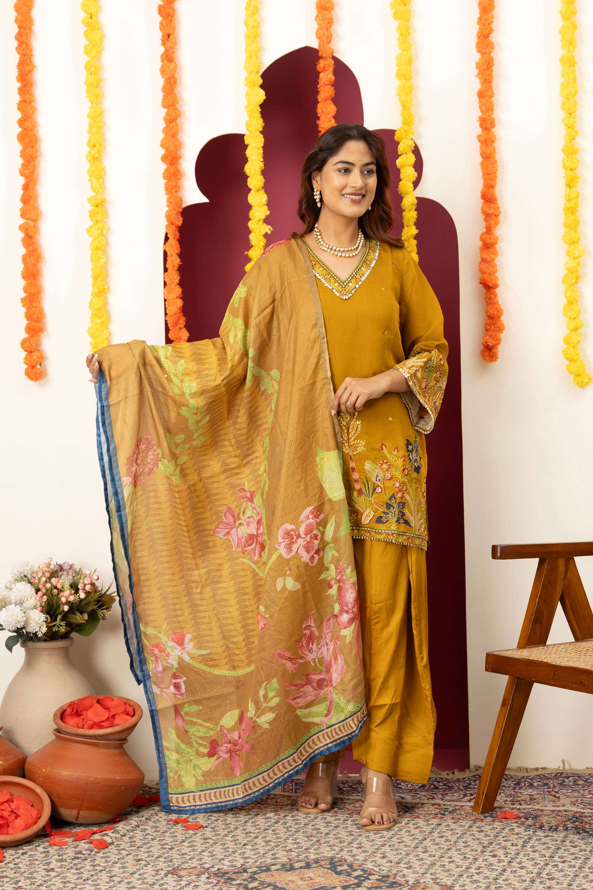 Mustard Floral Embroidered Suit Set