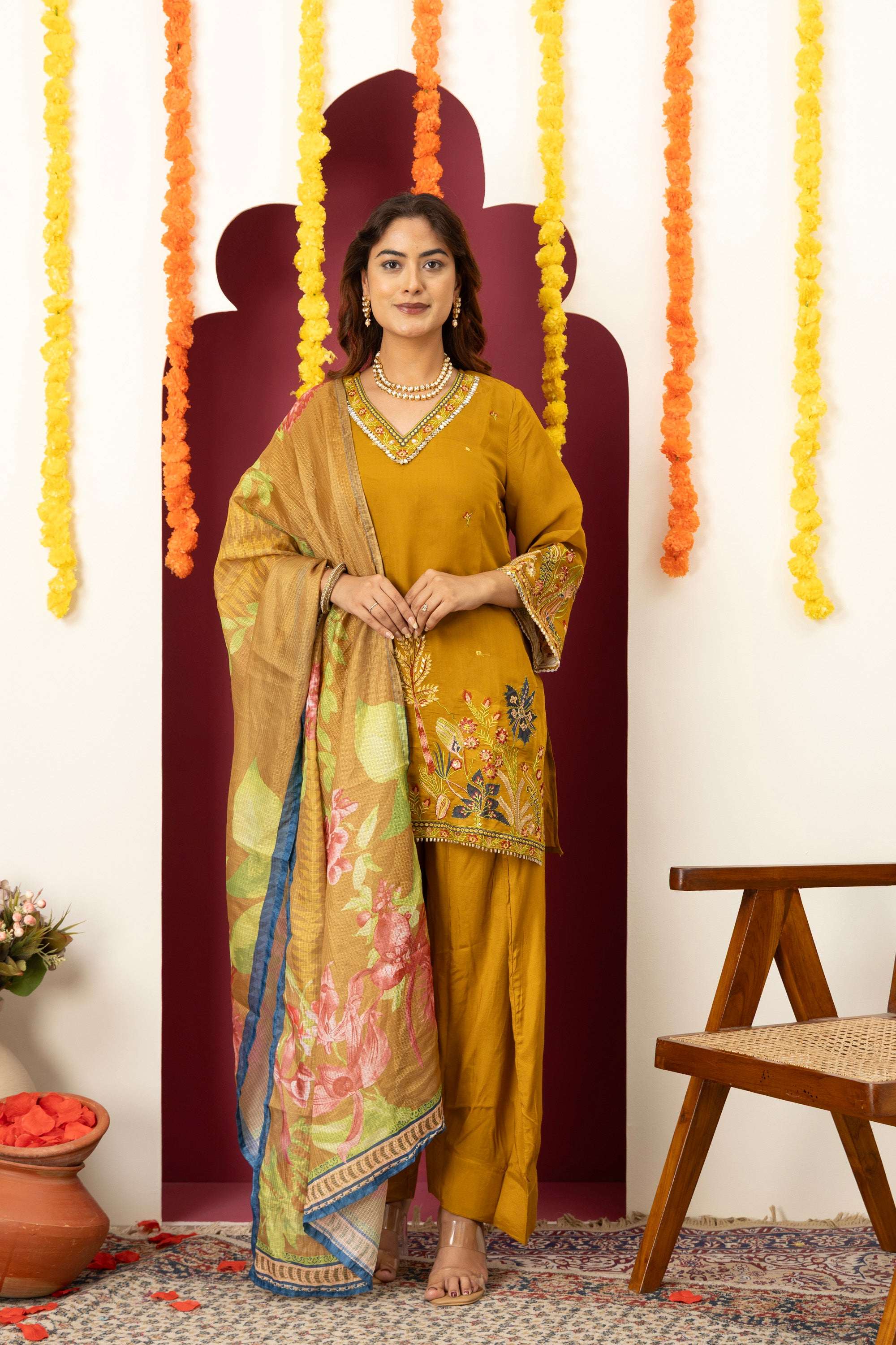 Mustard Floral Embroidered Suit Set