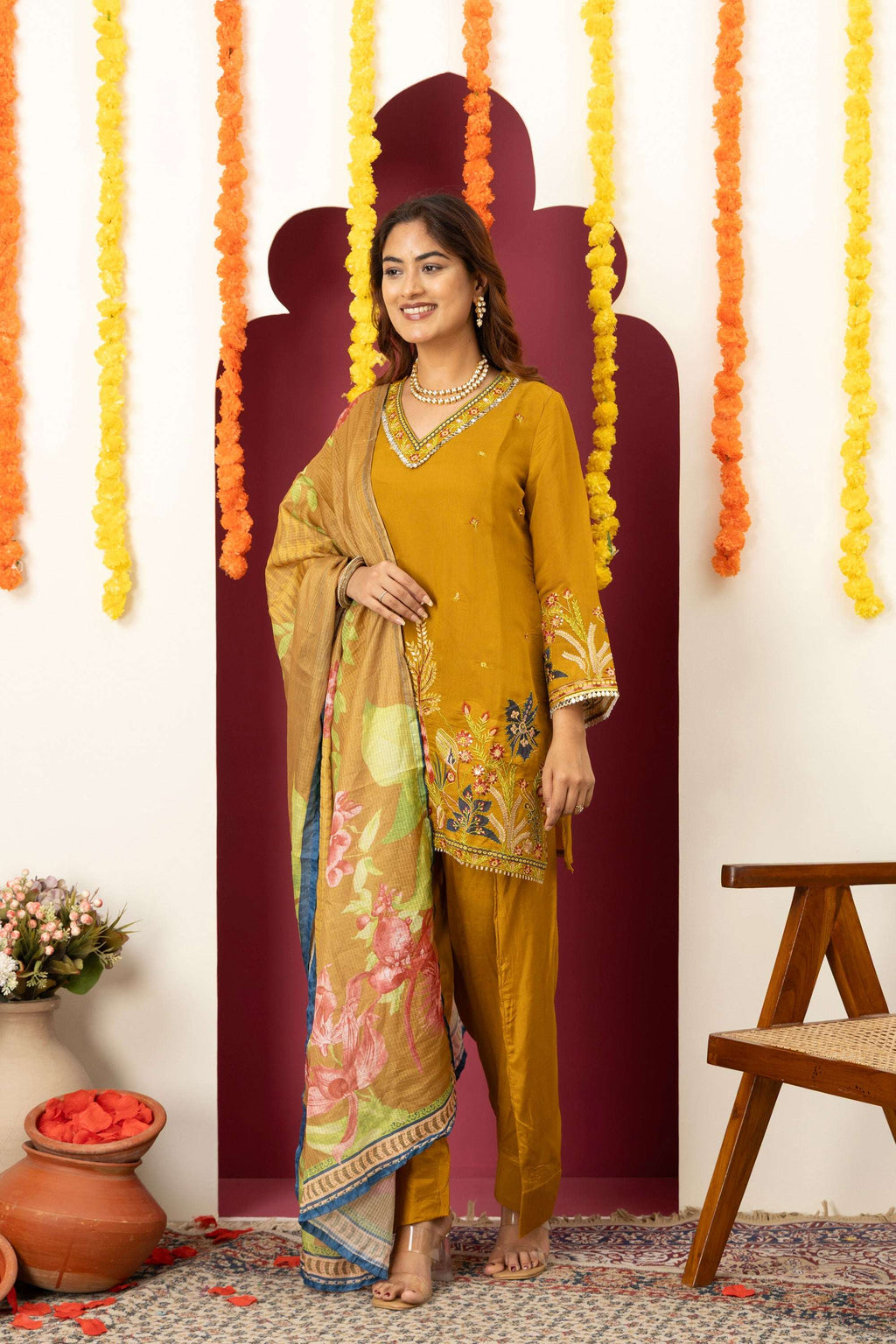 Mustard Floral Embroidered Suit Set