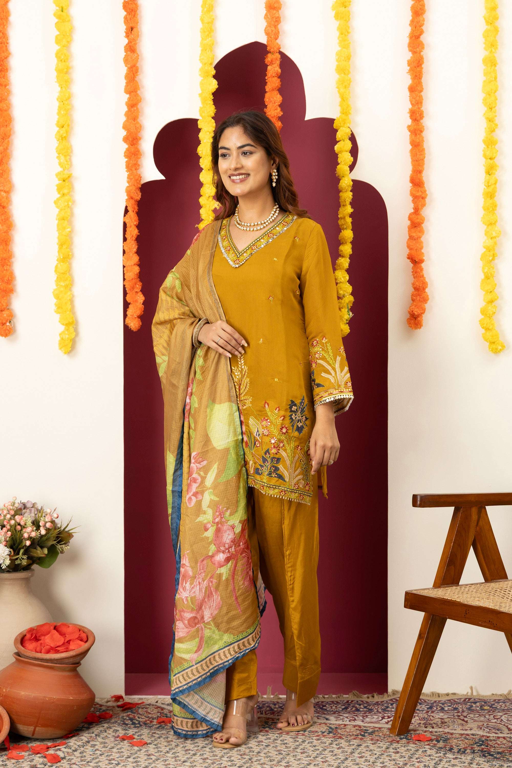 Mustard Floral Embroidered Suit Set