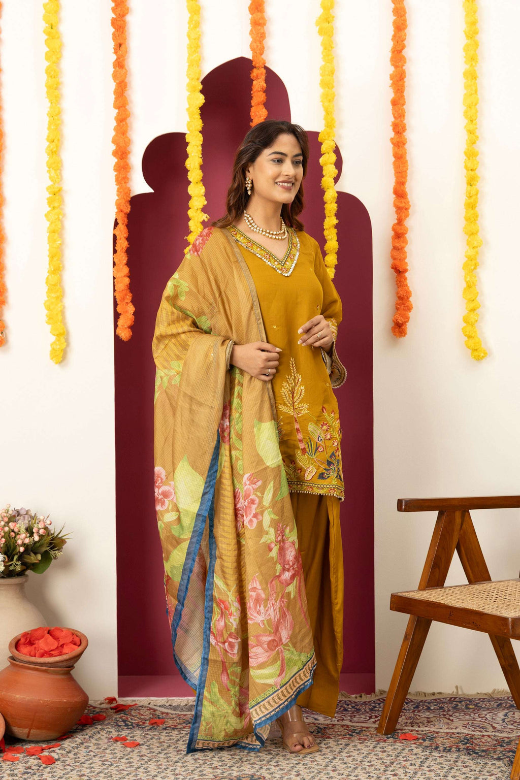 Mustard Floral Embroidered Suit Set