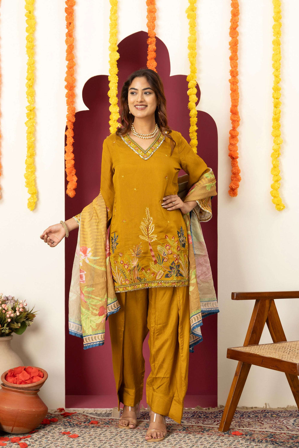 Mustard Floral Embroidered Suit Set