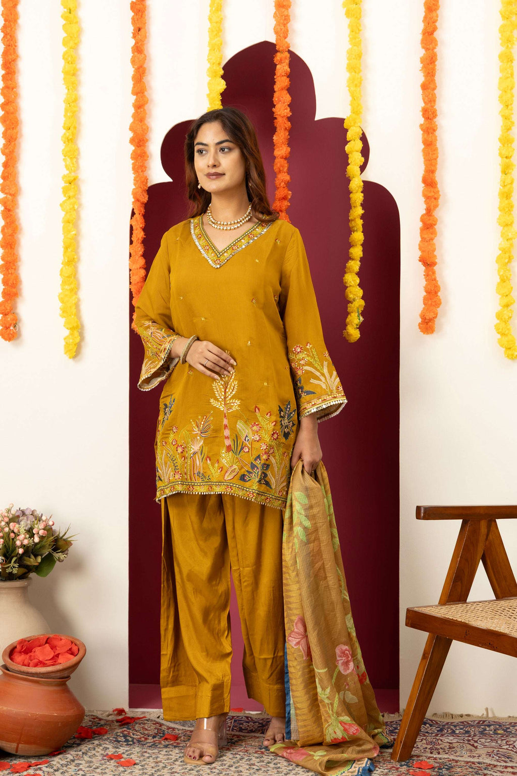 Mustard Floral Embroidered Suit Set