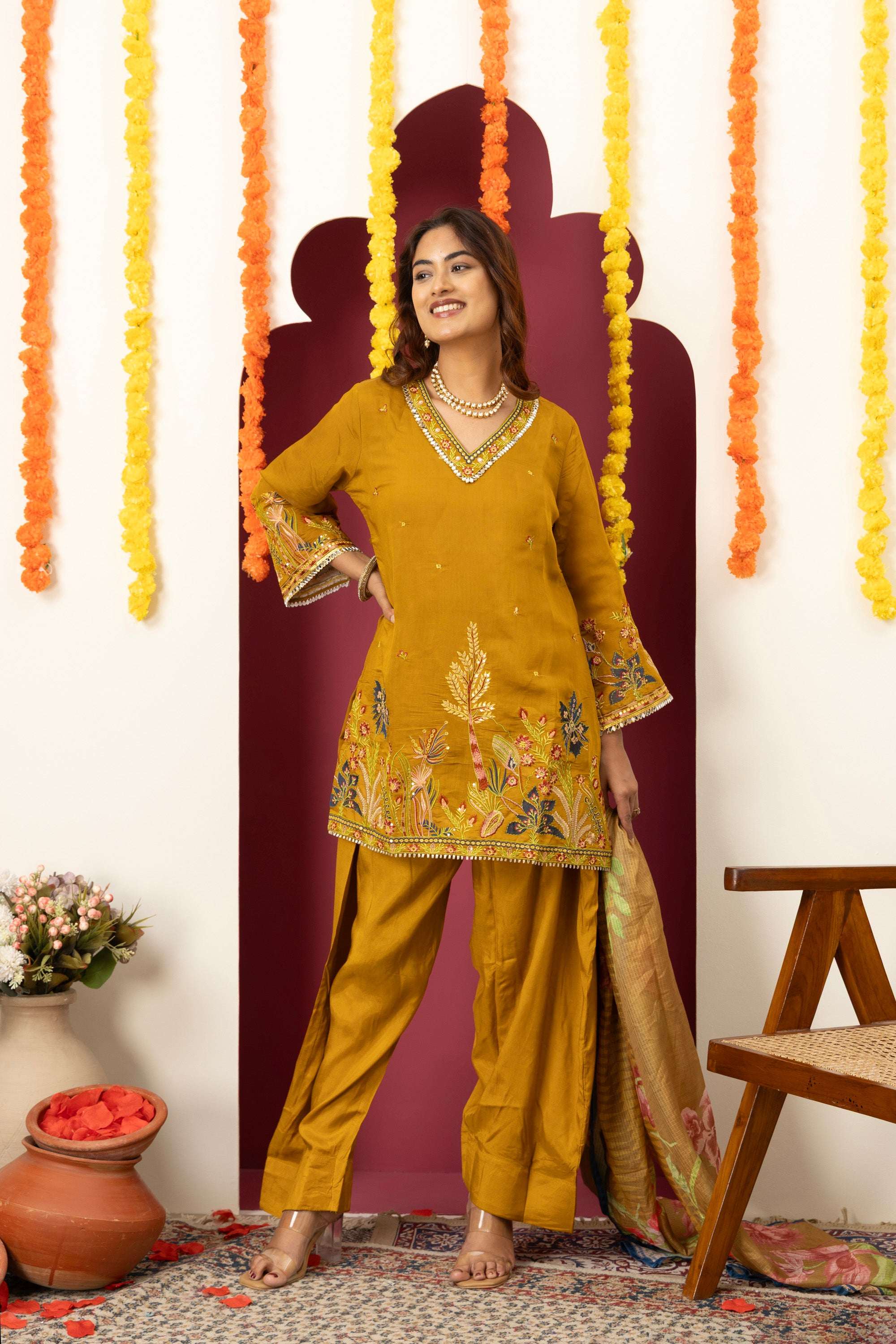 Mustard Floral Embroidered Suit Set
