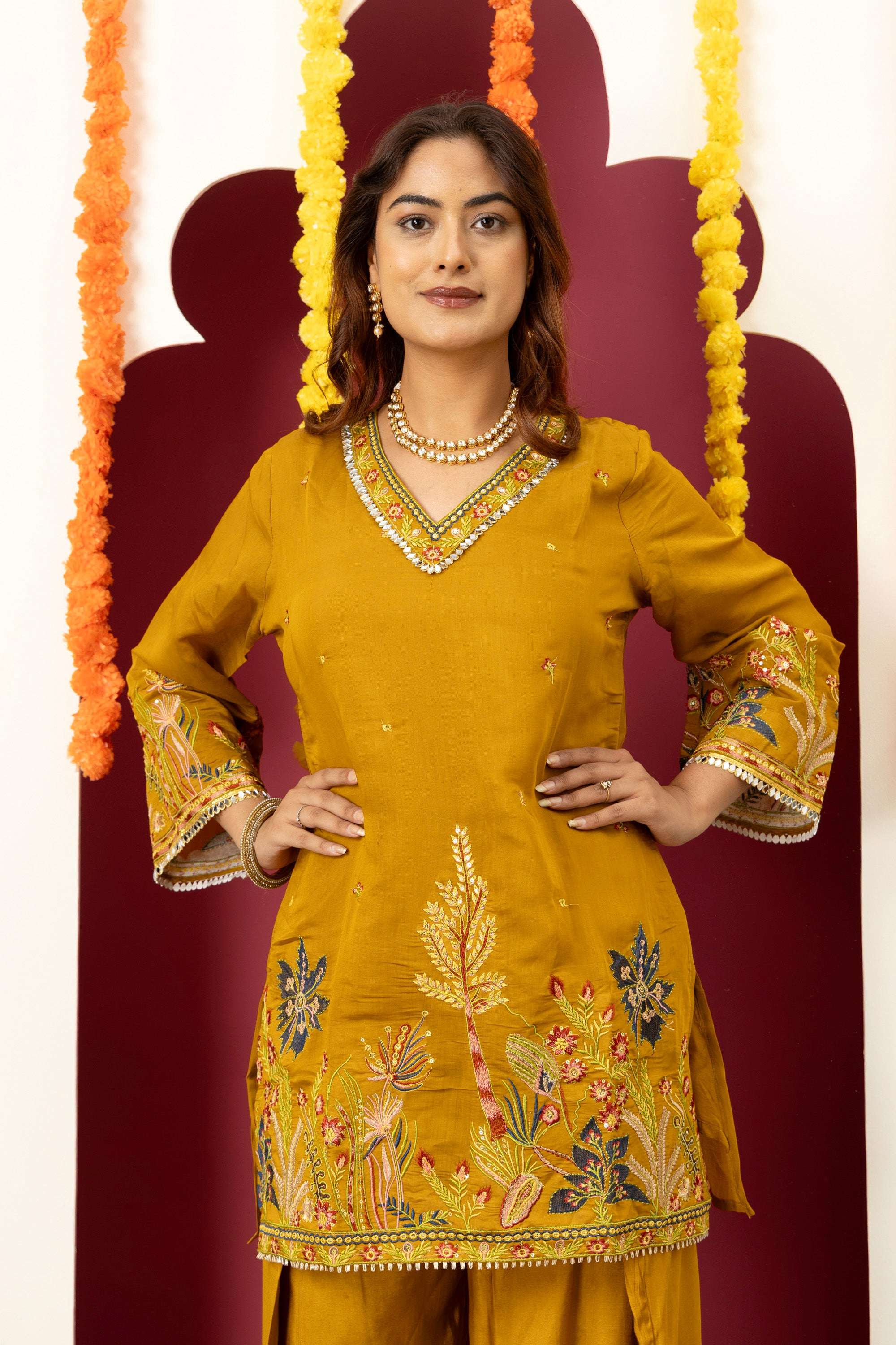 Mustard Floral Embroidered Suit Set