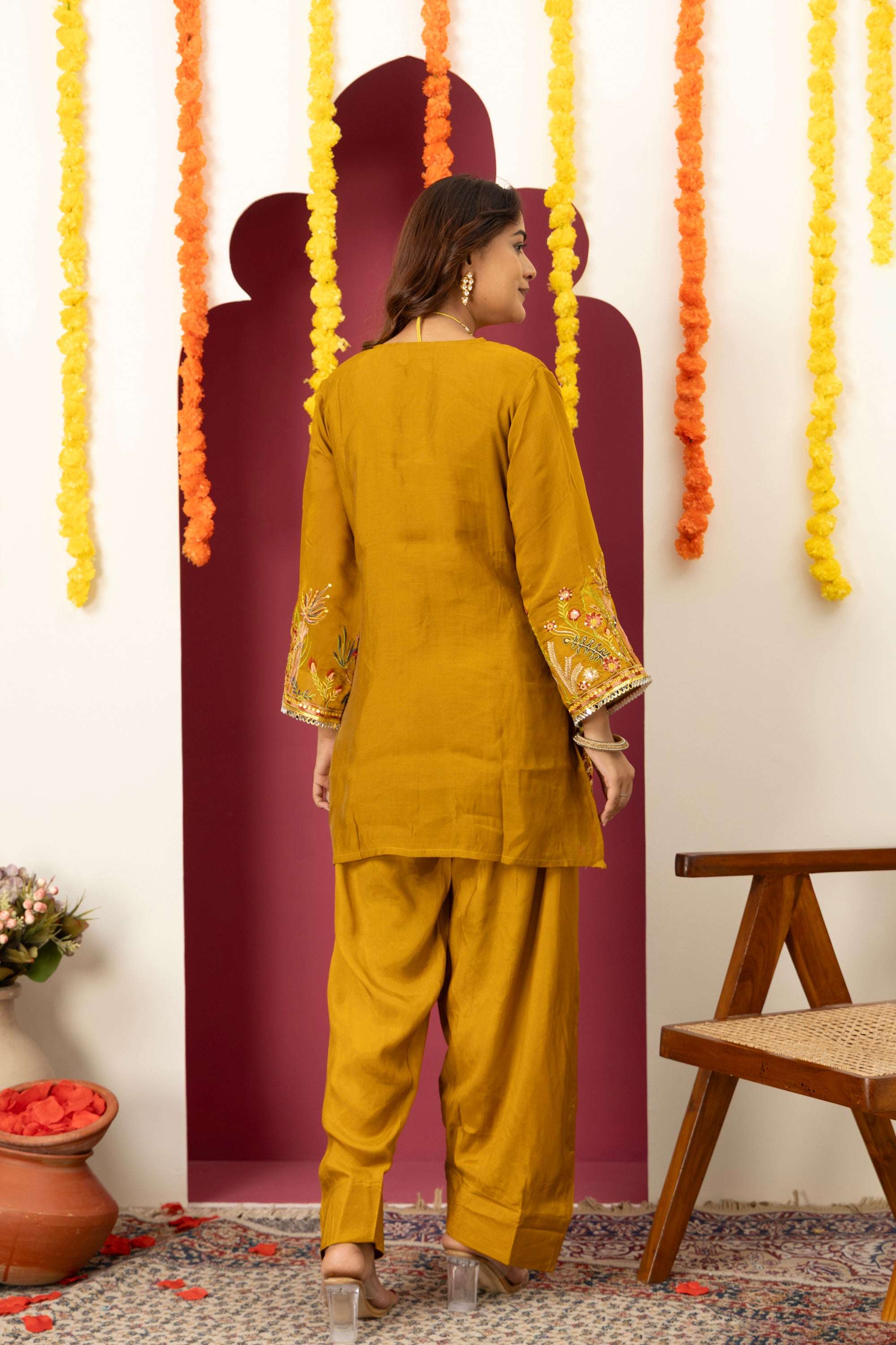 Mustard Floral Embroidered Suit Set