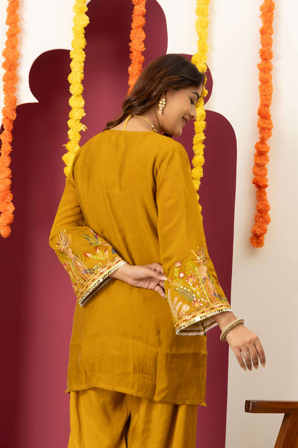 Mustard Floral Embroidered Suit Set